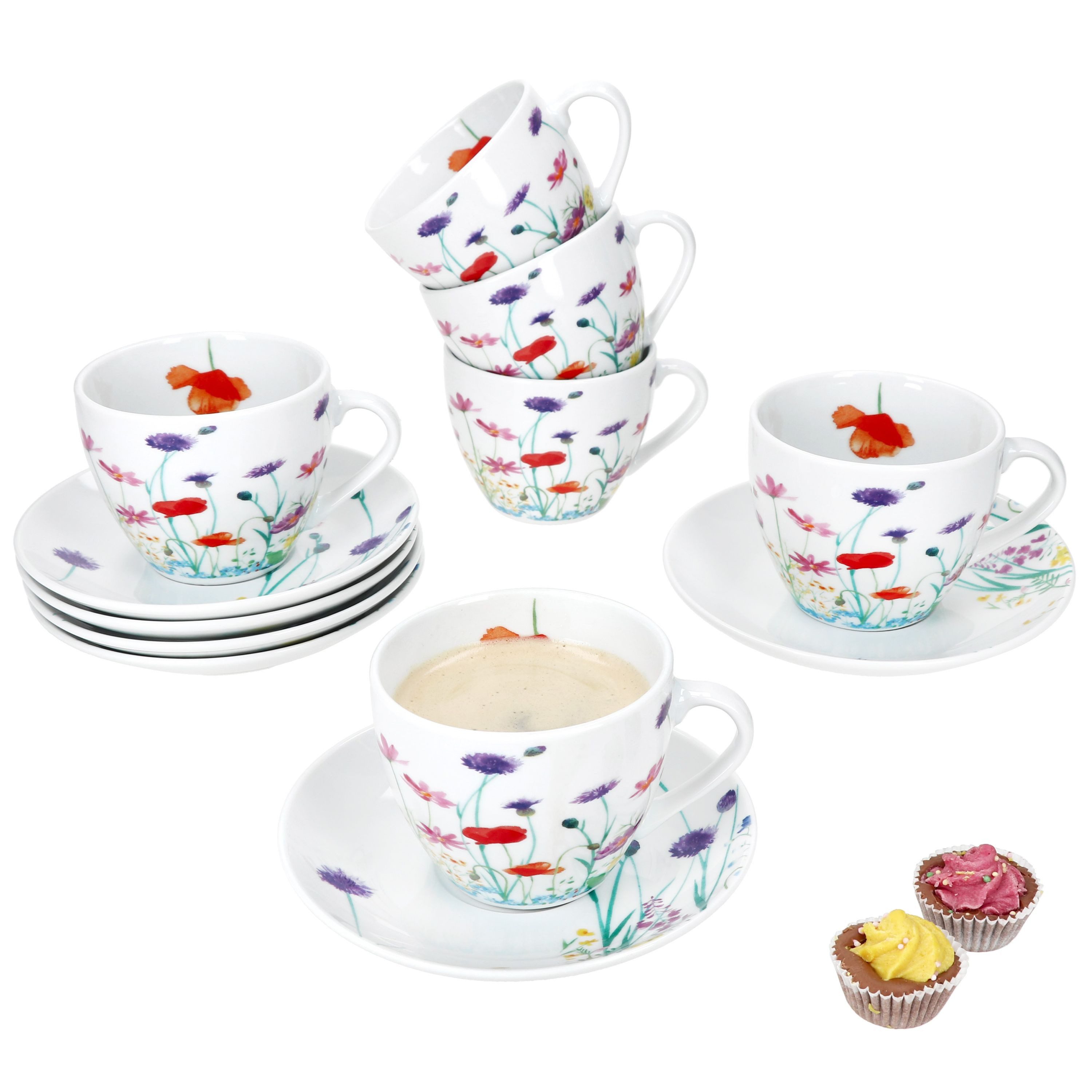 Tasse 6er Set Marie Kaffeetassen mit Untertassen 6 Personen Porzellan Tee