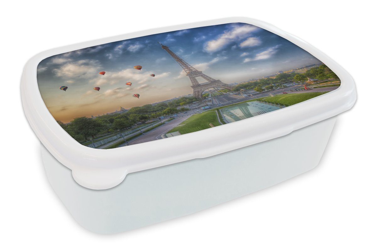 MuchoWow Lunchbox Der Eiffelturm mit Heißluftballons im Hintergrund über Paris, Kunststoff, (2-tlg), Brotbox für Kinder und Erwachsene, Brotdose, für Jungs und Mädchen weiß