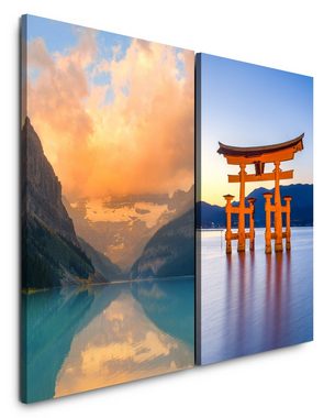 Sinus Art Leinwandbild 2 Bilder je 60x90cm Itsukushima-Schrein roter Schrein Japan Berge Bergsee Harmonie Beruhigend