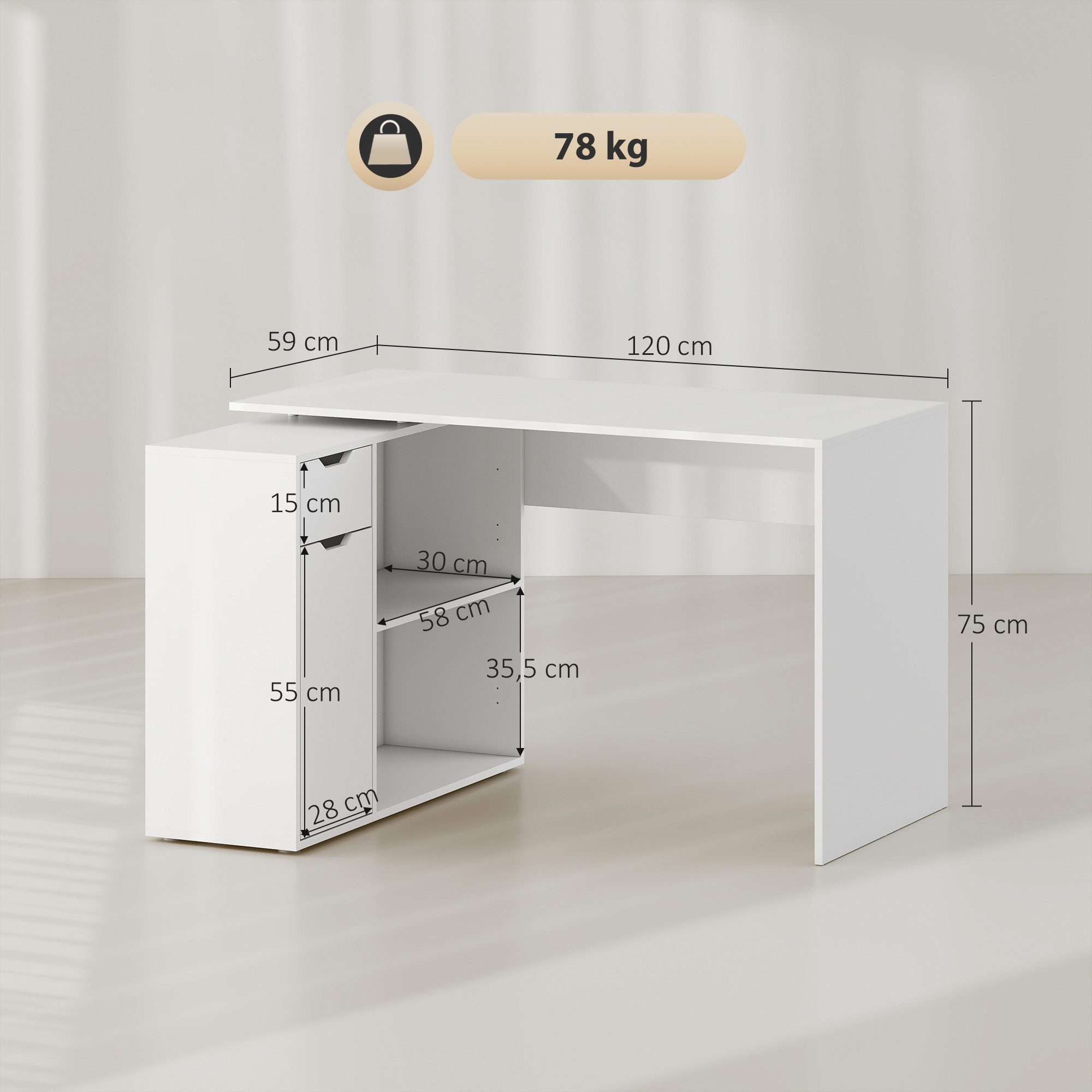 HOMCOM Eckschreibtisch mit Offenen Ablagen, Schublade, 1 Tür (Computertisch, 1-St., Winkelschreibtisch), für Dokumente im A4-Format, Arbeitszimmer, 120 x 96 x 75 cm, Weiß