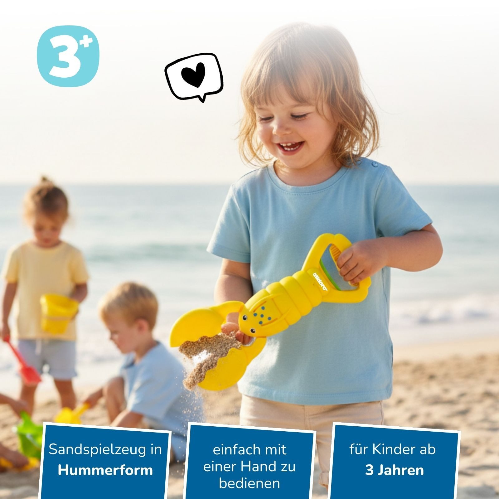 alldoro Sandform Sandgreifer Hummer gelb, tierisches Sandspielzeug f. Kinder ab 3 Jahre, Kinder-Handbagger zum Buddeln und Spielen im Sandkasten & am Strand