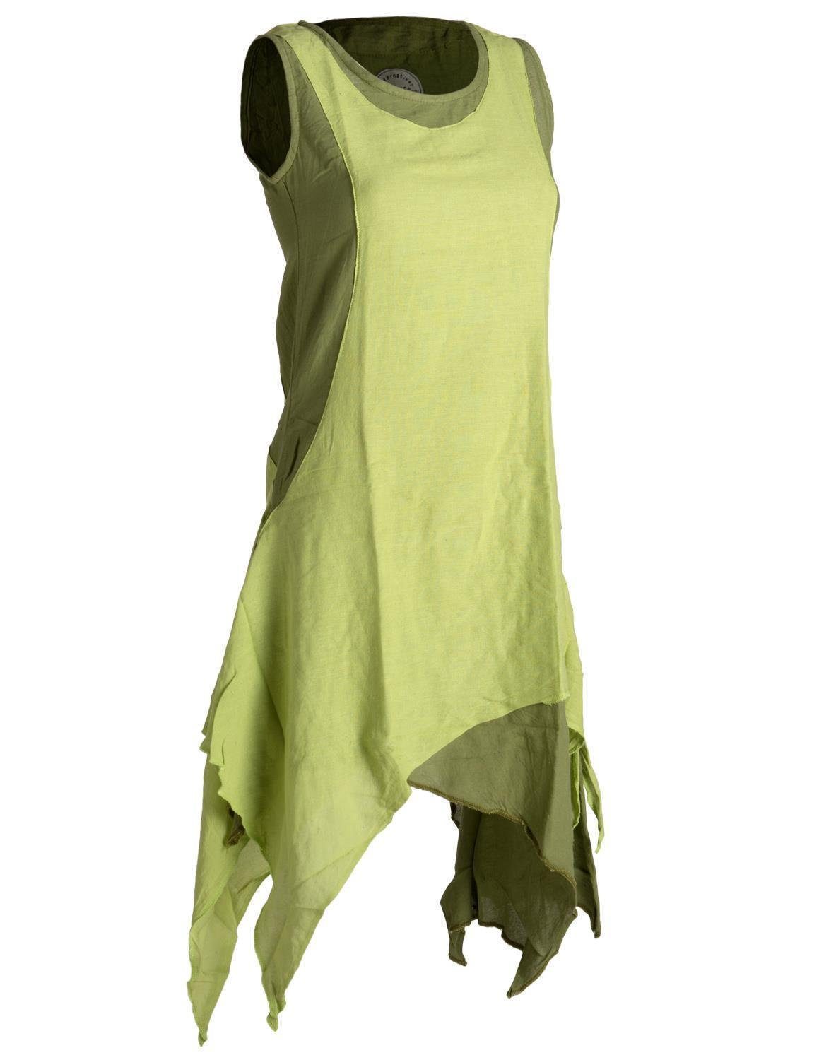 Vishes Sommerkleid Lagenlook Boho, handgewebte Ärmelloses Goa, olive-hellgrün Kleid Baumwolle Style Hippie