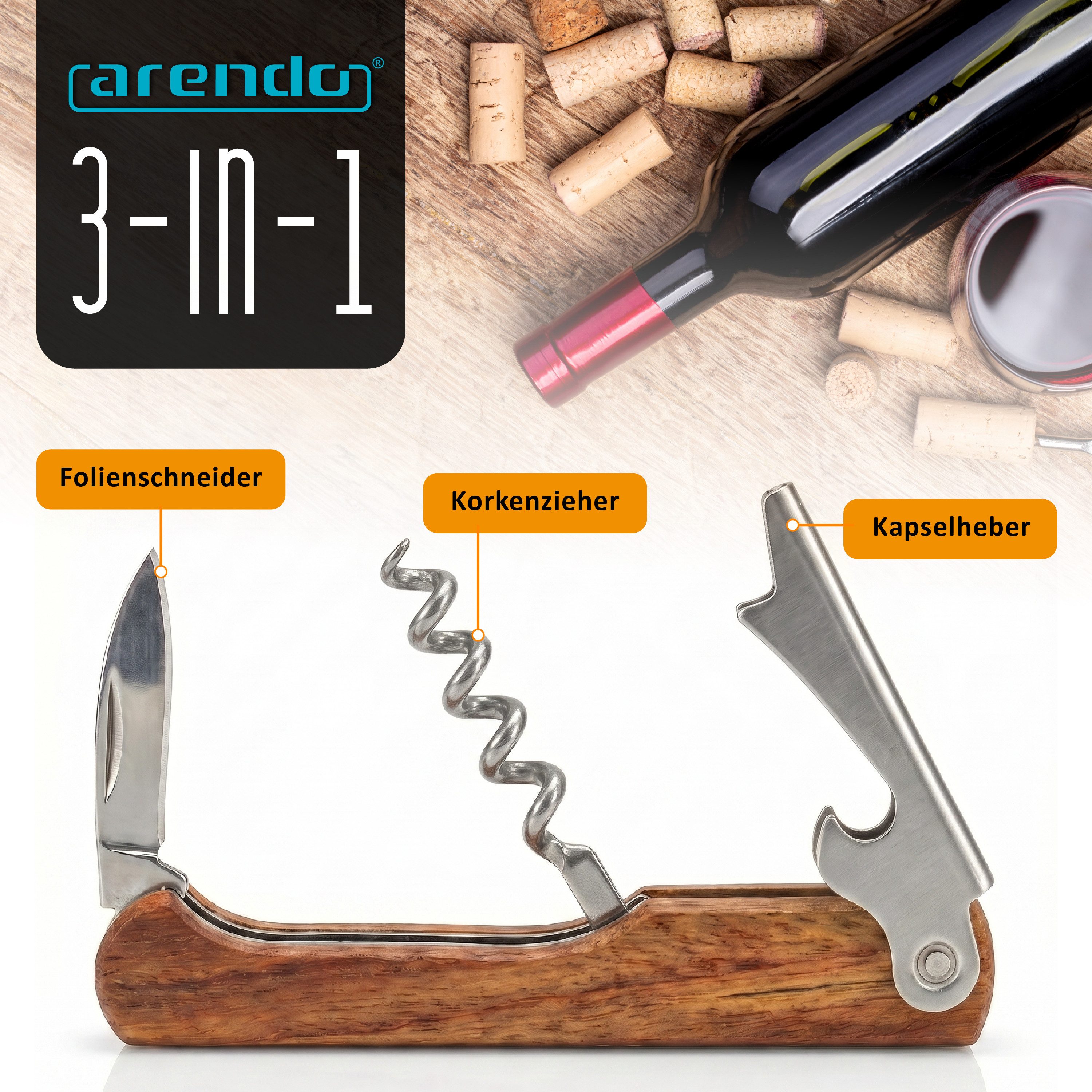 Arendo Korkenzieher Edelstahl Weinöffner, Flaschenöffner, Tasschenmesser, Folienschneider, (1 tlg., für Wein, Picknick und Gastronomie), elegantes Kellnerbestec – Bild 3 von 5