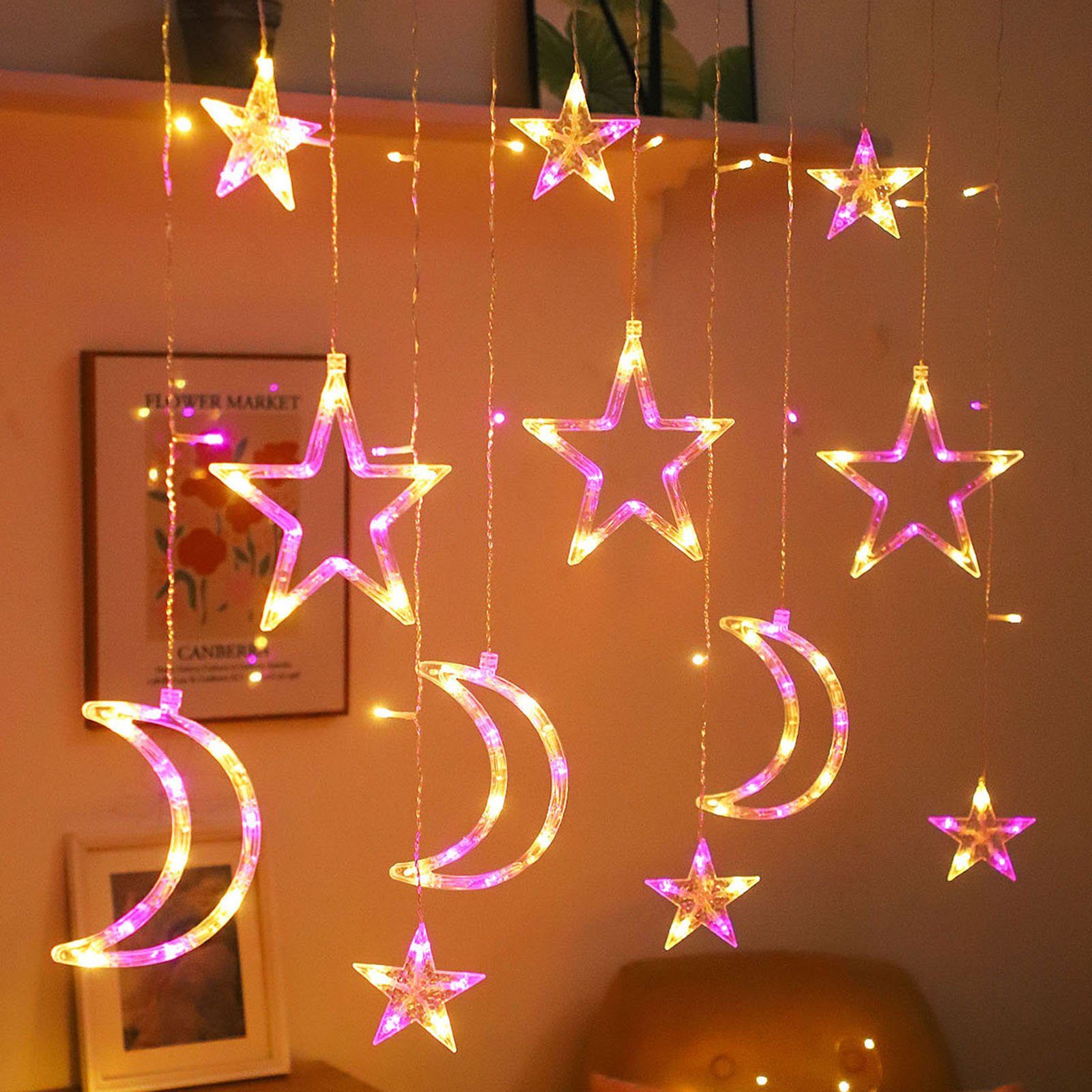 Rosnek LED-Lichtervorhang 3M 120LEDs, Stern Mond, wasserdicht, für Party Ramadan Weihnachten, Schlafzimmer Camping Zelt Deko; batterie Warmweiß mit Rosa