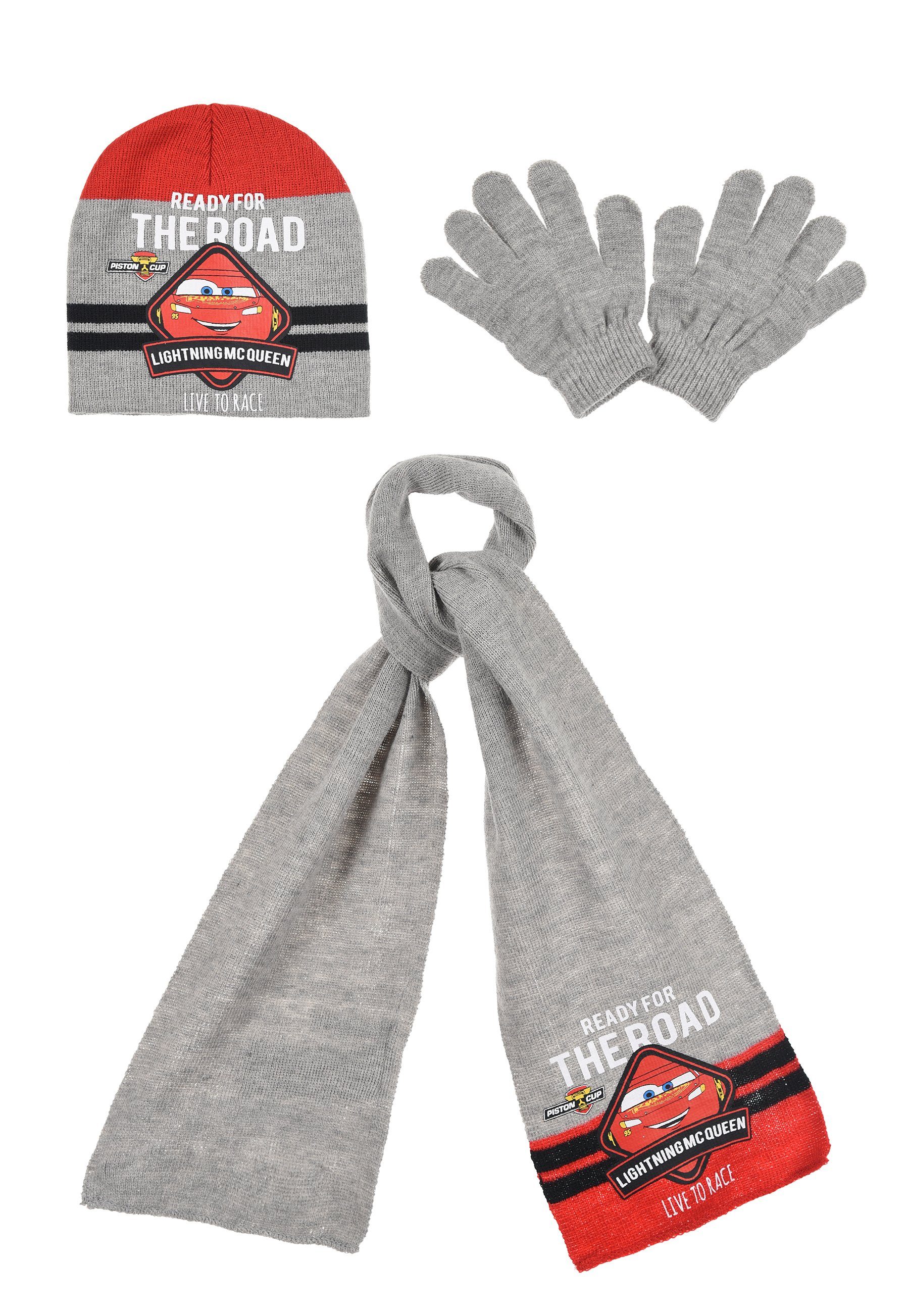 Cars Beanie Kinder Jungen Winter-Set Mütze Schal Handschuhe (SET) Grau