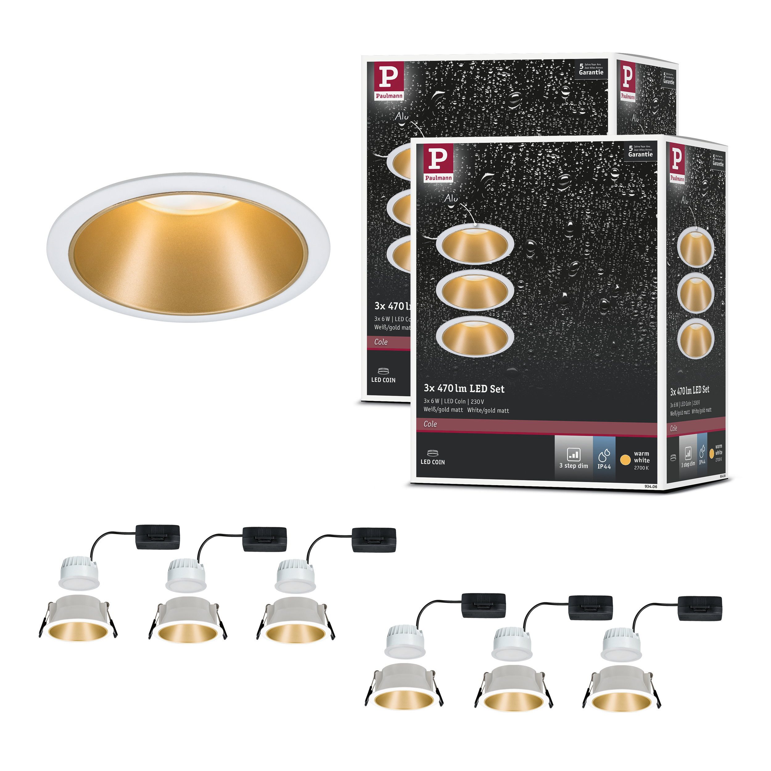Paulmann LED Einbauleuchte LED Einbauleuchte 3-Step-Dim Cole Coin 6er-Set IP44 rund 88 mm Coin 6x