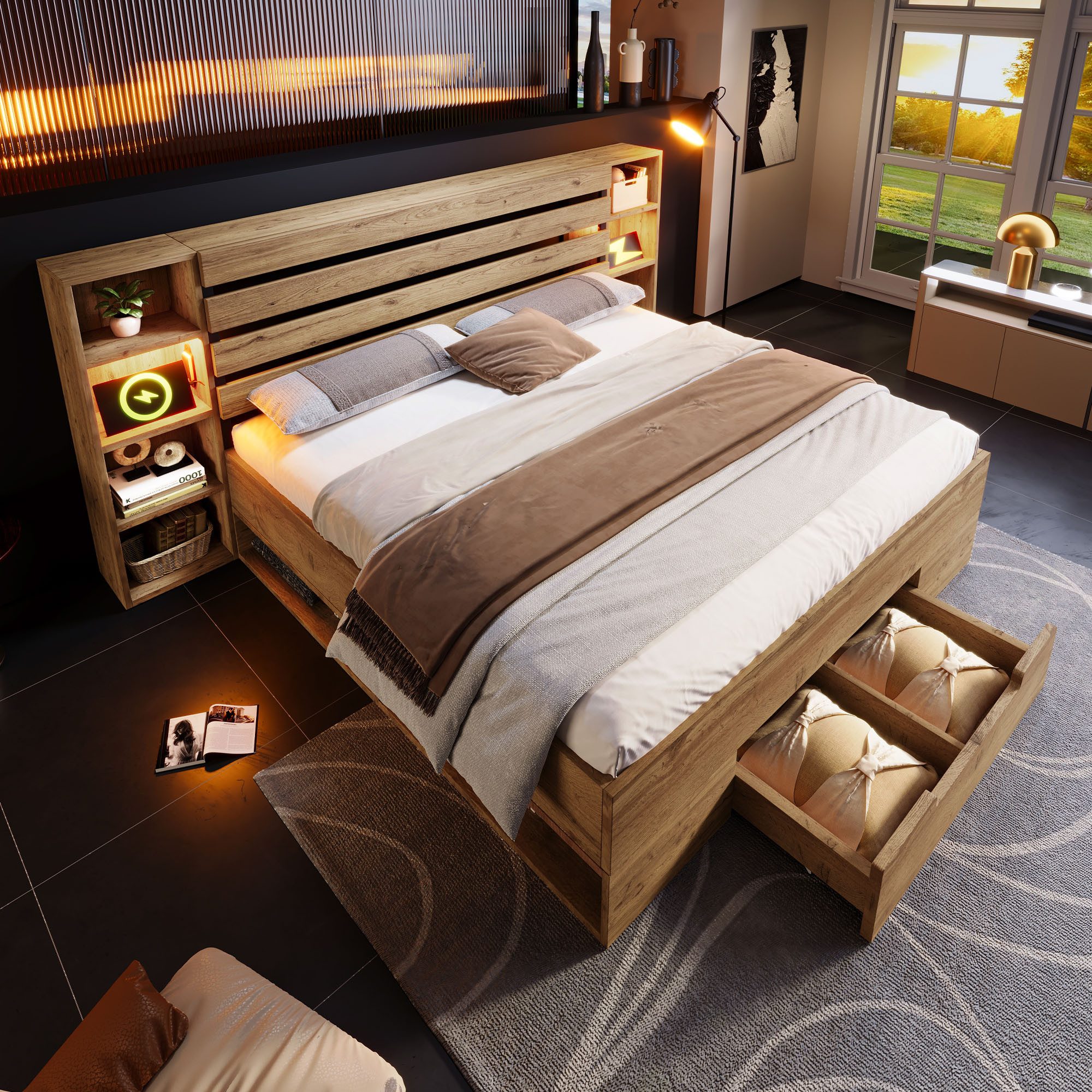 OKWISH Holzbett Stauraumbett, Eiche massiv, mit USB-C im Kopfteil (Funktionsbett, Doppelbett, 1-tlg., LED-Beleuchtung am Bett, inklusive Schubladen, 180×200cm), Lattenrost aus Holz, komfortable Bettanlage(Ohne Matratze)