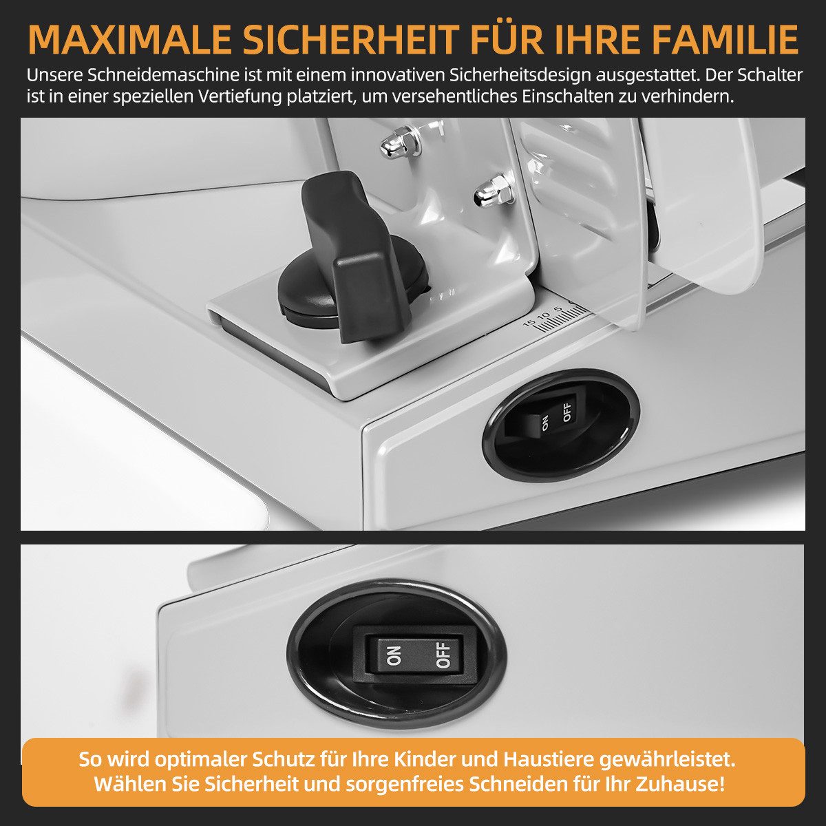 7MAGIC Allesschneider Brotschneidemaschine, Elektrischer Allesschneider Edelstahl, 200 W, Mit abnehmbarer 2 x 19 cm Klinge, 0–15 präziser Dickenknopf Schnitt