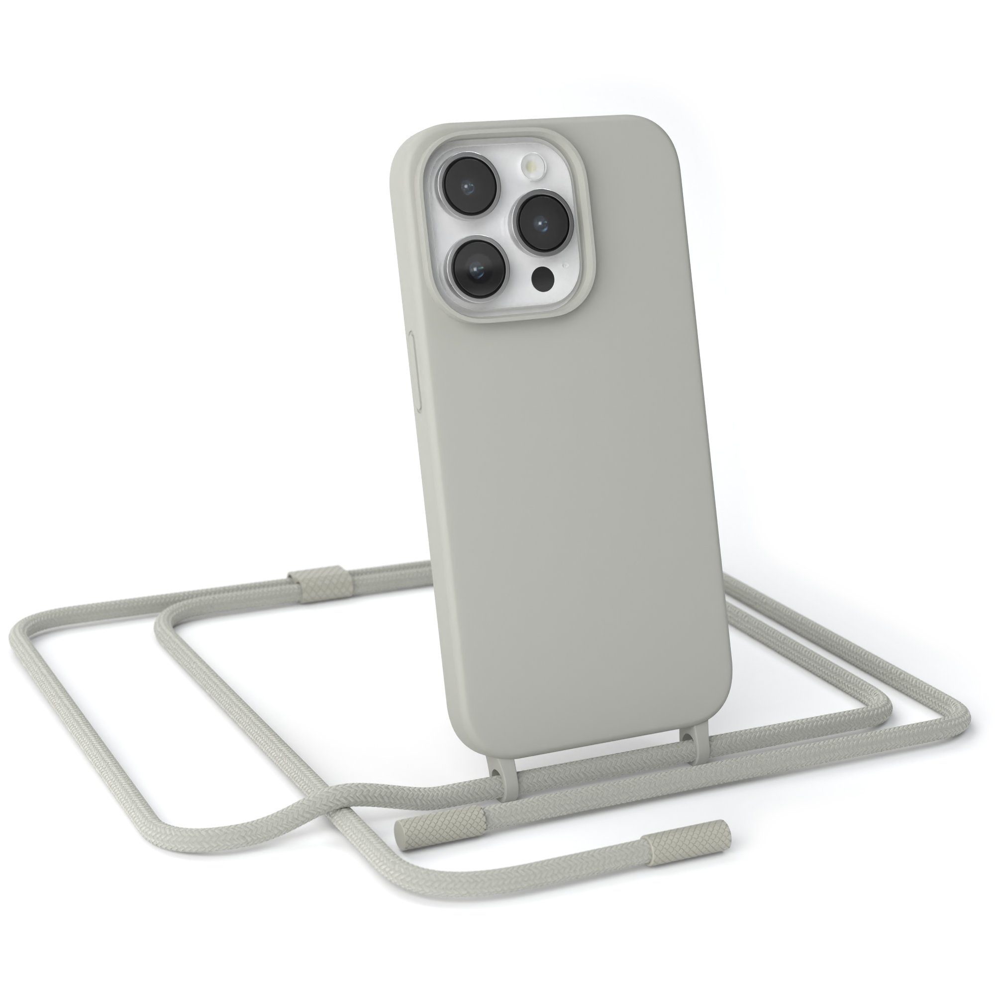 EAZY CASE Handykette Runde Kette für Apple iPhone 14 Pro 6,1 Zoll, Schutzhülle zum Umhängen Hülle mit Umhängeband Kettenhülle Grau Taupe