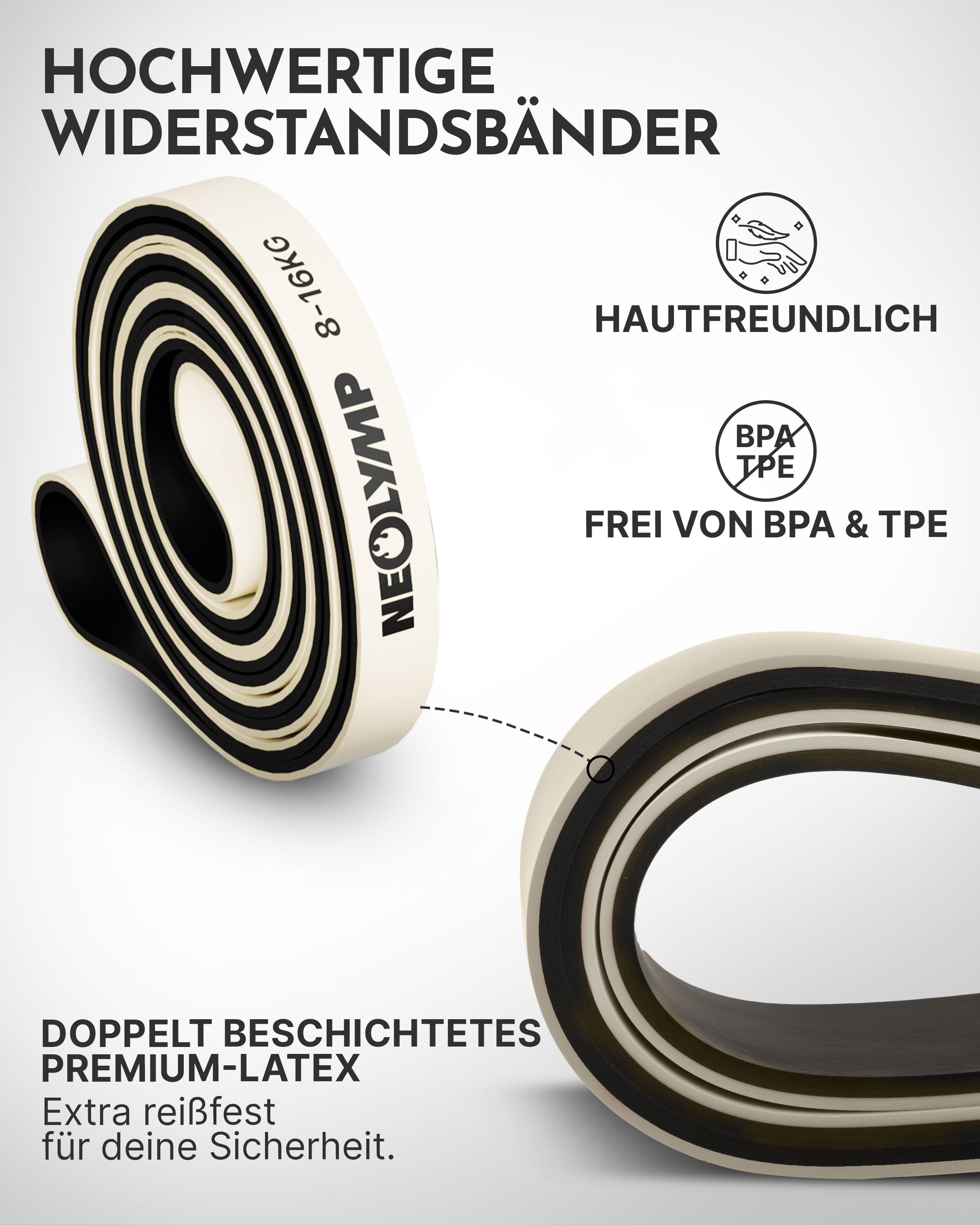 NEOLYMP Trainingsbänder Resistance Bands - Gym Zubehör für Ganzkörpertraining - Klimmzug Band, Kein Spannungsverlust,Hygienisch, Mehrschichtig, Naturlatex, Belastbar