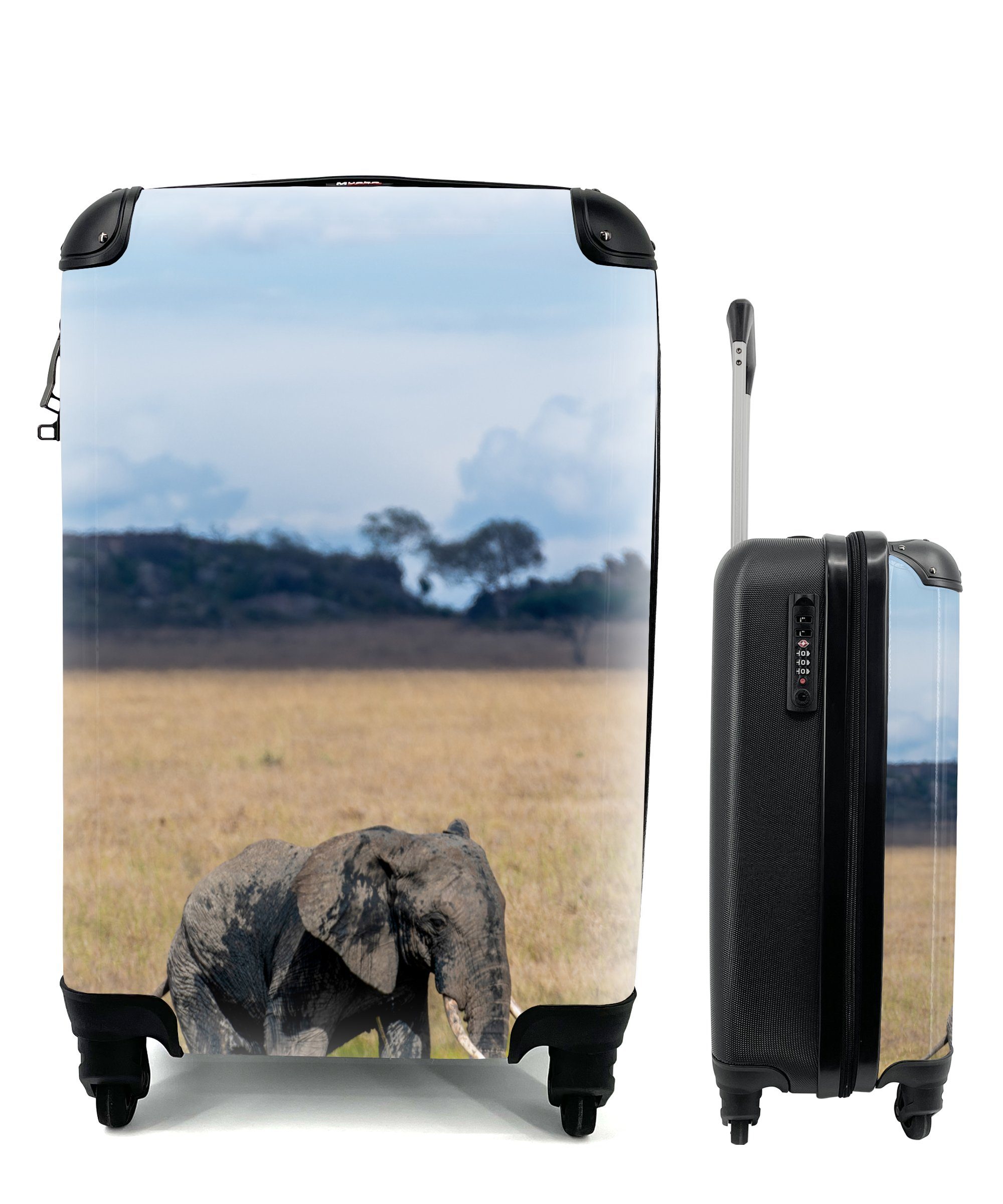 MuchoWow Handgepäckkoffer Elefant - Gras - Tiere - Natur, 4 Rollen, Reisetasche mit rollen, Handgepäck für Ferien, Trolley, Reisekoffer