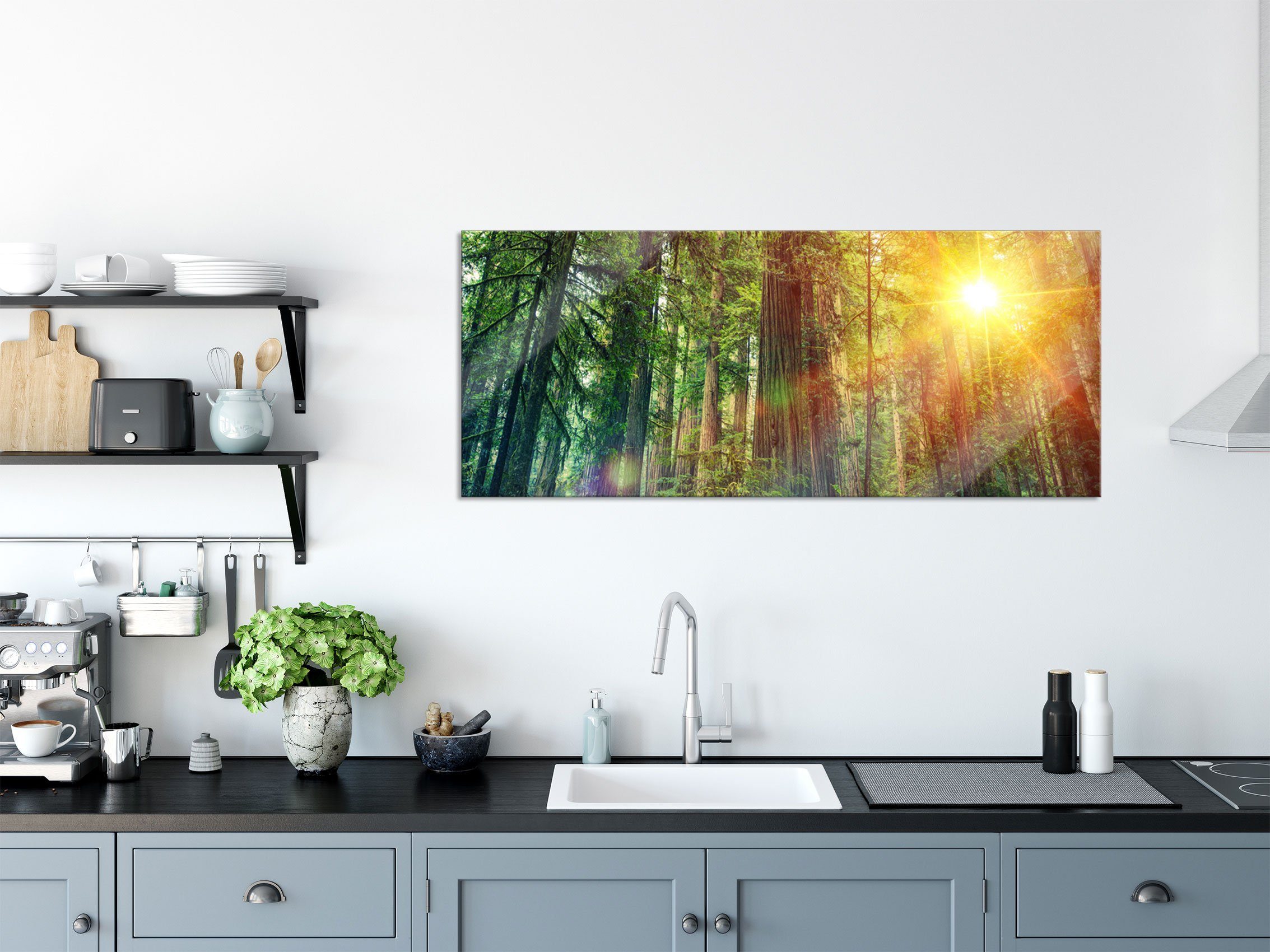 Wald Sonnenlicht aus Pixxprint Glasbild Abstandshalter bei Echtglas, Aufhängungen St), bei Glasbild und (1 inkl. Sonnenlicht, Wald