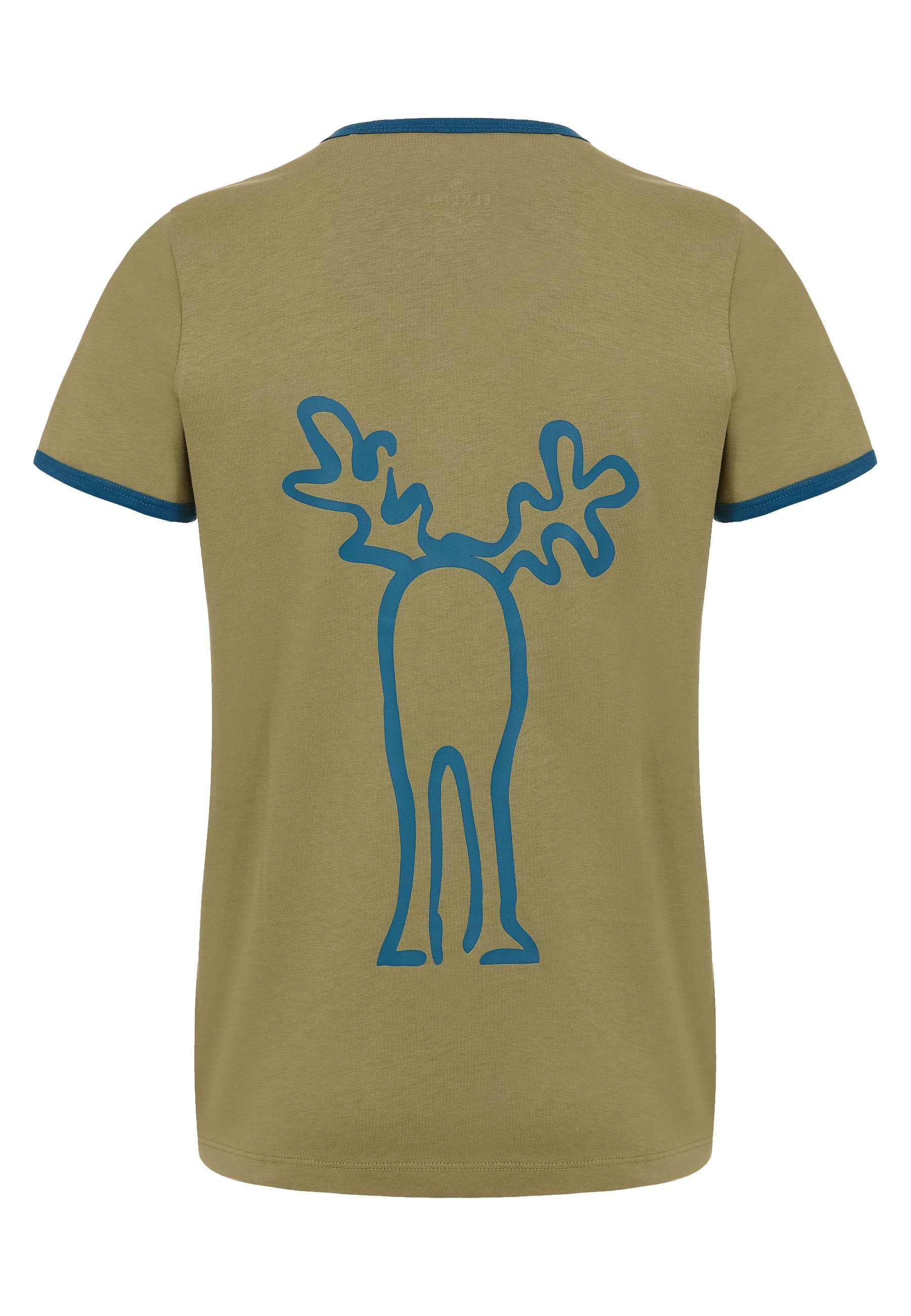 Elkline T-Shirt Rudolfine Retro Elch - Print avocado Rücken Brust und blue coral