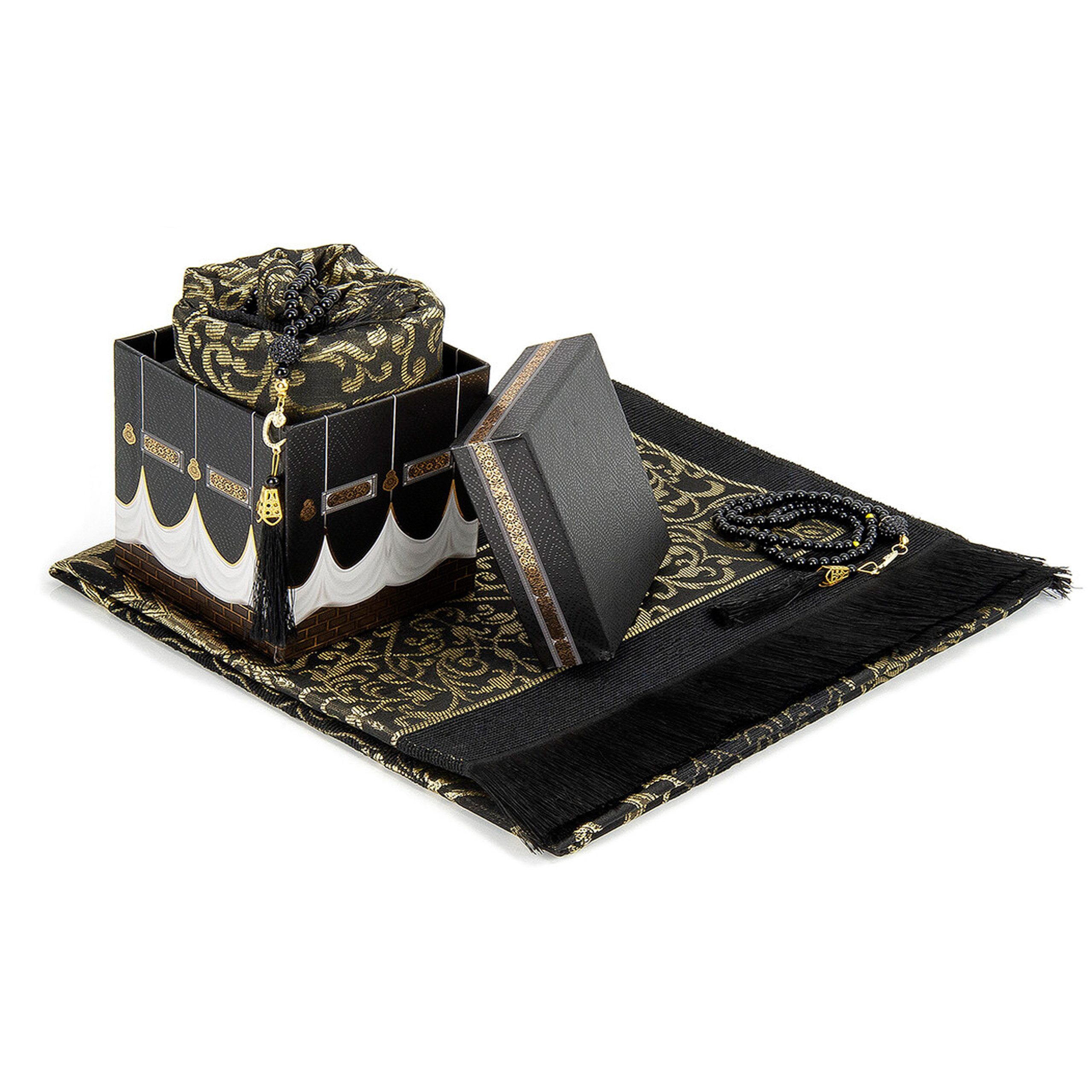 Carpetia Teppich Gebetsteppich Schwarz-Gold mit Kaaba-Geschenkbox & 99er Ge günstig online kaufen