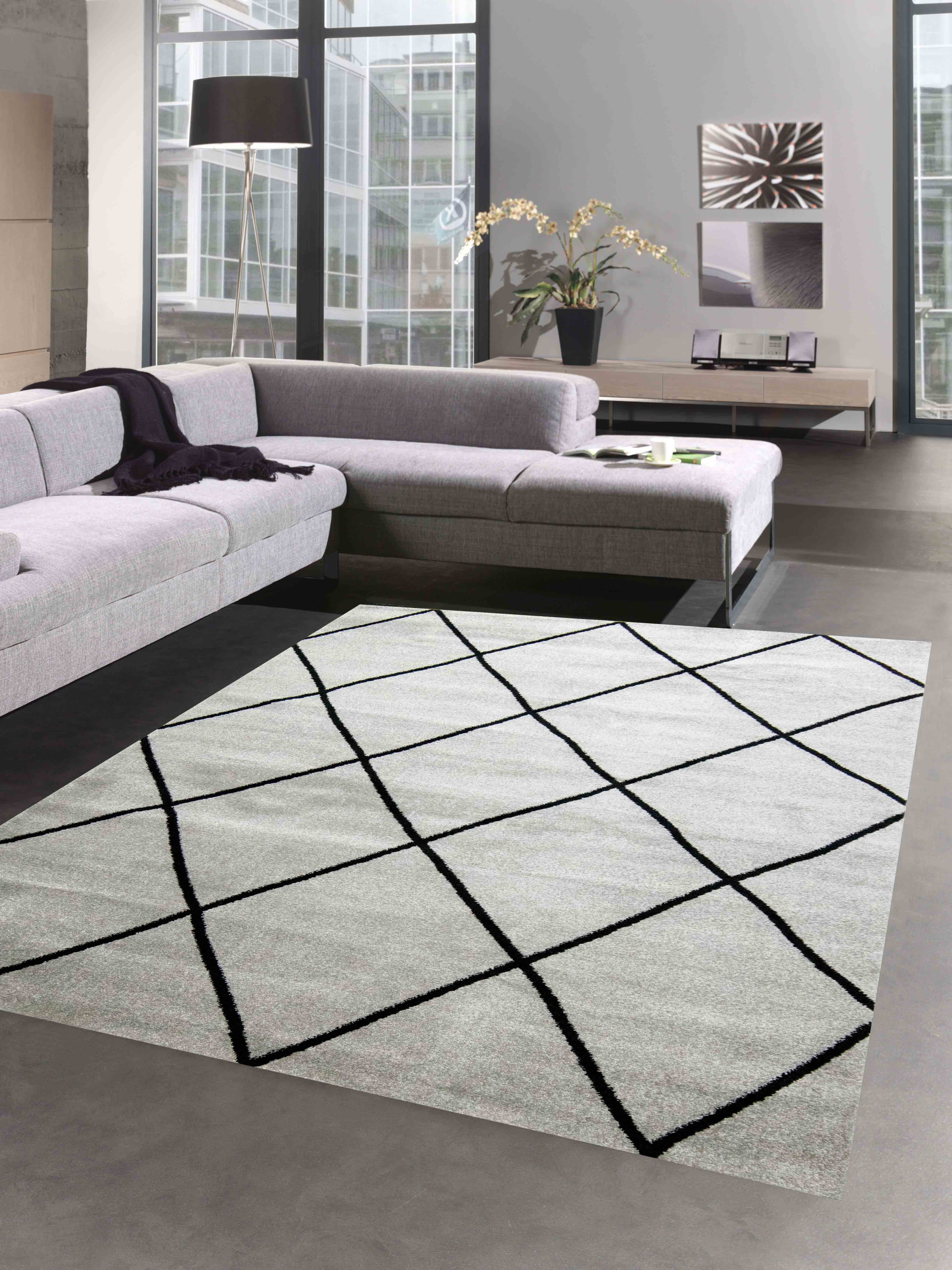 Carpetia Teppich Wohnzimmerteppich Rautenmuster grau schwarz günstig online kaufen
