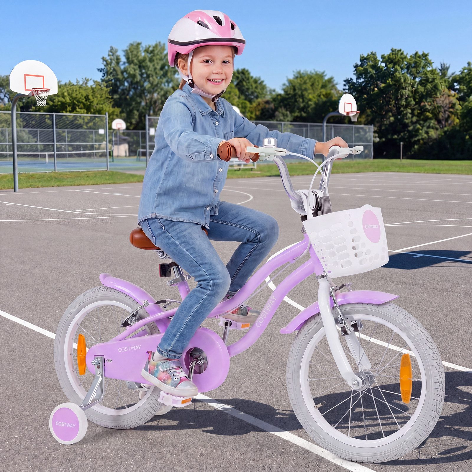 COSTWAY Kinderfahrrad, Mit Korb, Klingel, Doppelbremsen & abnehmbaren Stützrädern