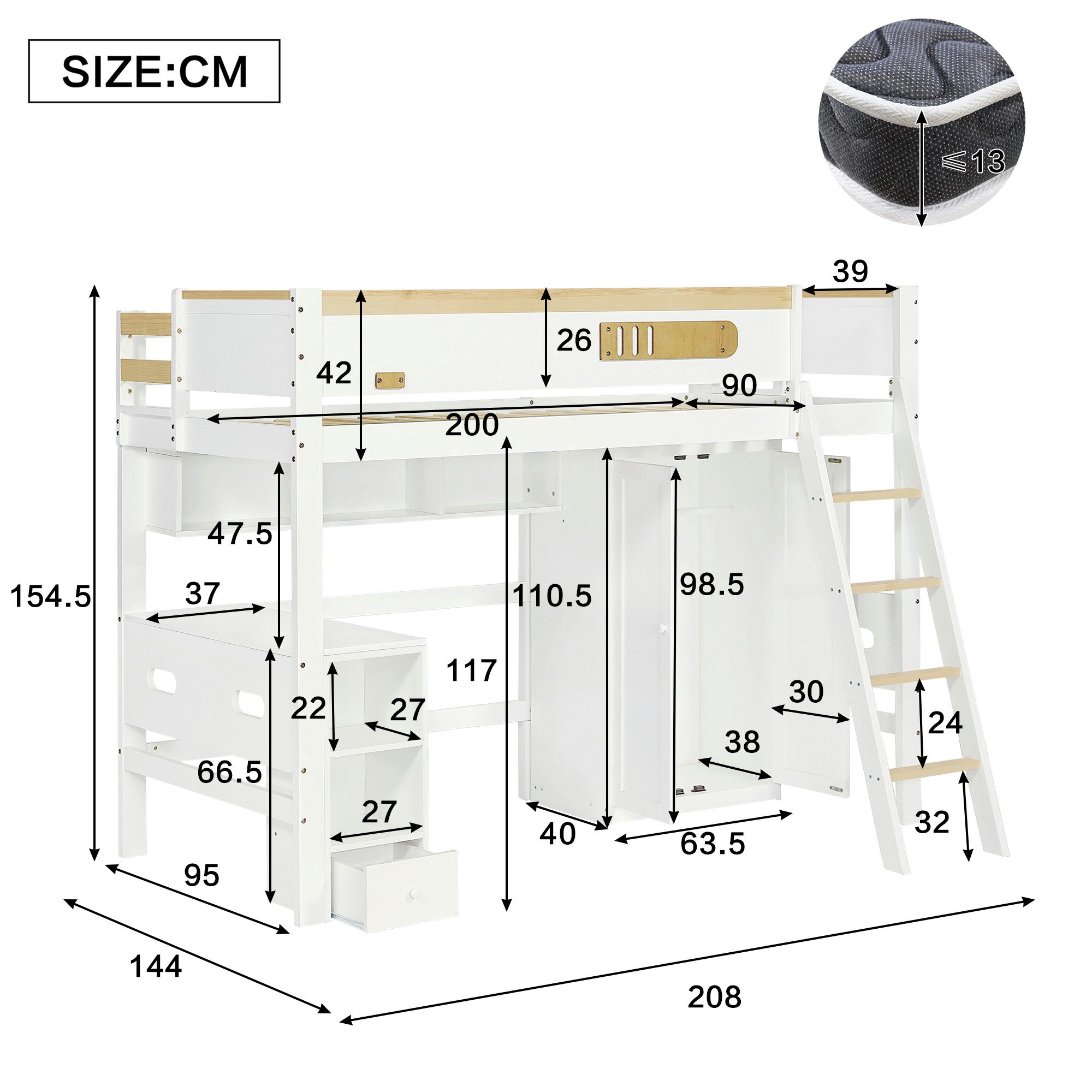 Merax Hochbett 90x200cm mit Rausfallschutz und Leiter Kinderbett mit Schreibtisch, Kleiderschrank und offenen Regale – Bild 4 von 5