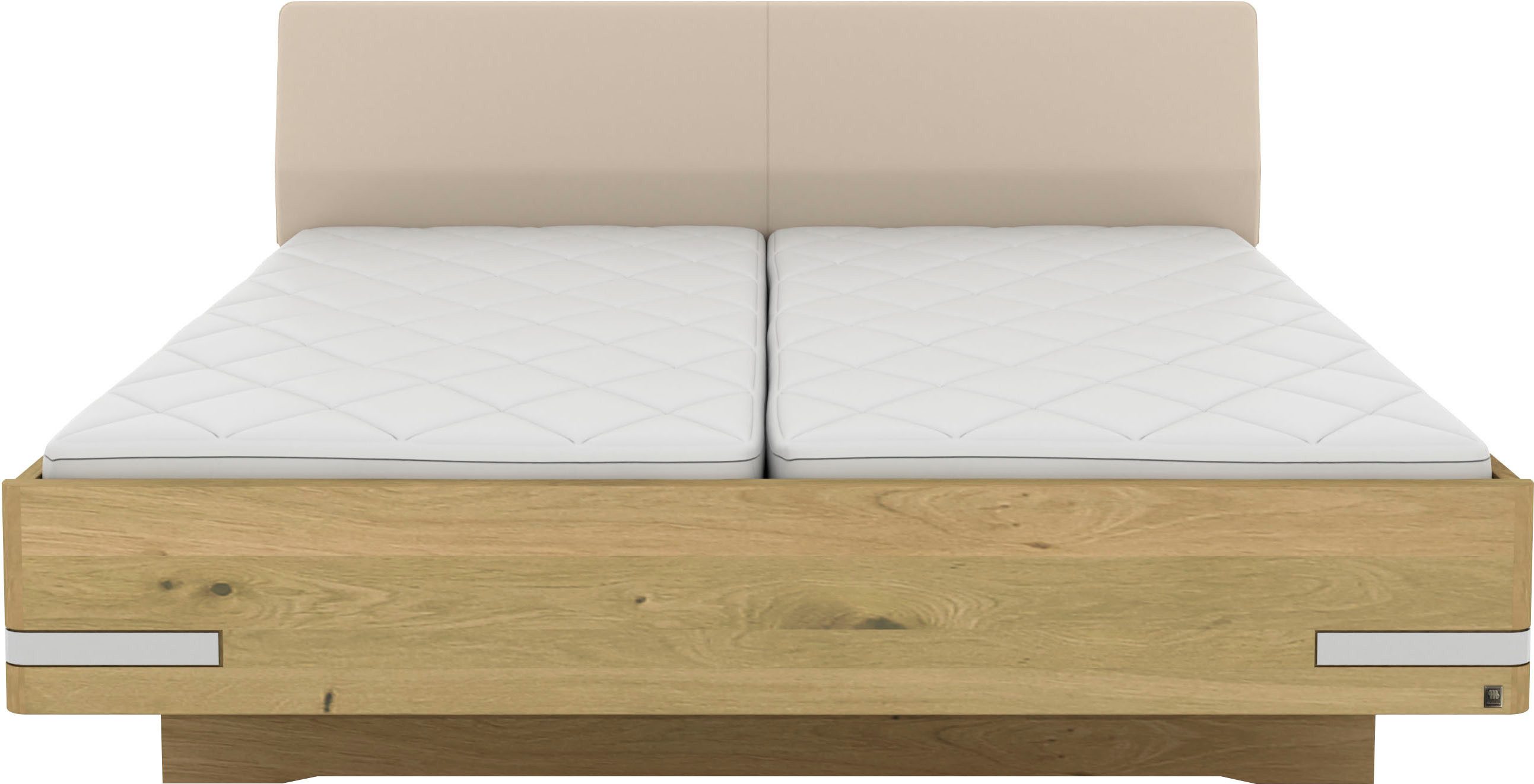 Musterring Holzbett Savona, Bettgestell, Bettrahmen, teilmassiv Bianco-Eiche (Belastbarkeit 220 Kg, 4-fache Liegehöhenverstellung, MADE IN GERMANY), Kopfteil Kunstleder Champagner, Details in Chrom, verschiedene Größen