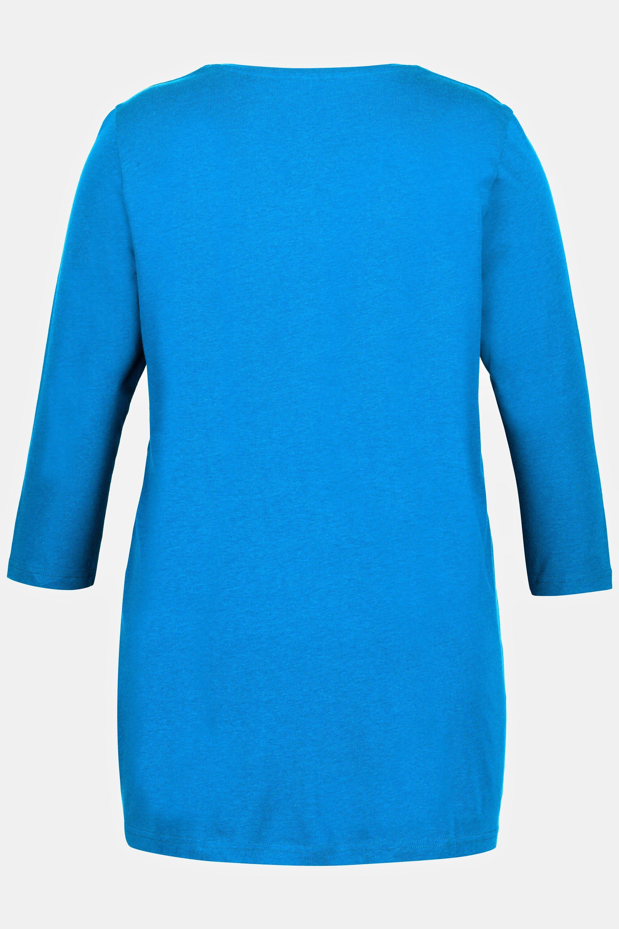 Ulla Popken 3/4-Arm Rundhals Shirt A-Linie ozeanblau Zierfalten Rundhalsshirt