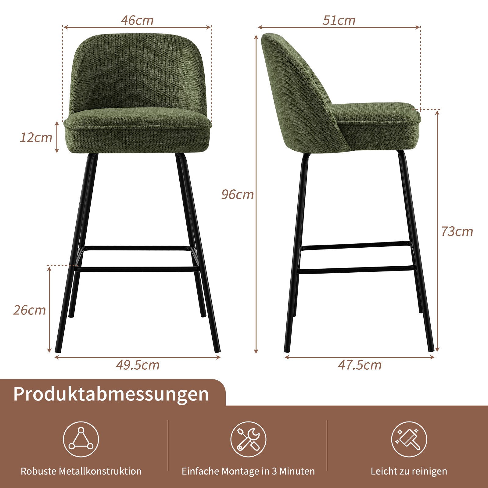 JYMTOM Barhocker Gepolsterter Sitz mit Federkern, Sitzfläche aus Leinen und Textilien (2 St), Metallbeine, für Bar, Theke, Küche, Esszimmer und Bistro geeignet – Bild 2 von 5