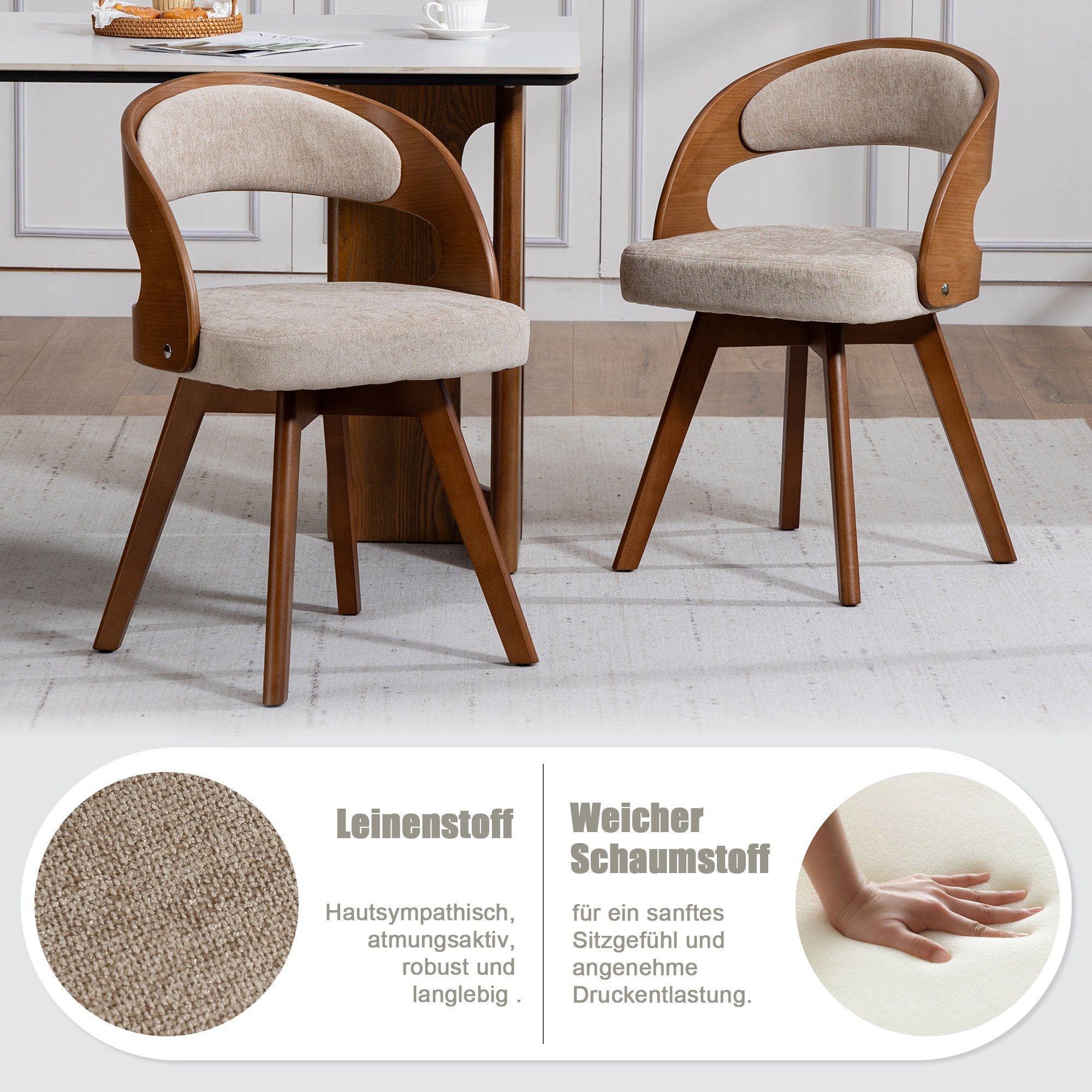 BlingBin 4-Fußstuhl Holz Esszimmerstuhl 360° Drehbar Polsterstuhl (Stuhl, 2 St), mit Baumwoll-Leinen-Kissen & geschwungener Rückenlehne, für Wohnzimmer
