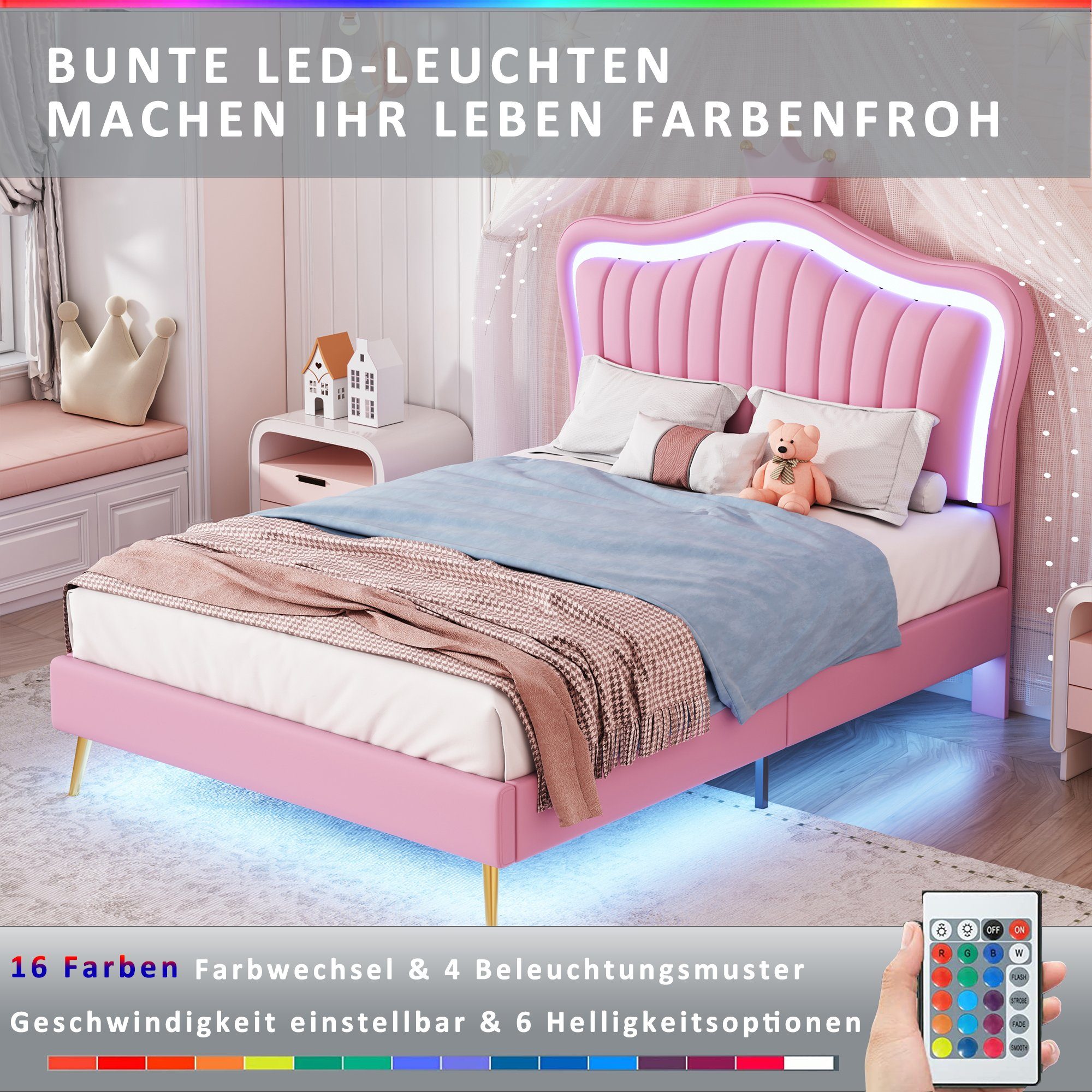 Polsterbett (Einzelbett mit LED Beleuchtung und Lattenrost), Krone Kinderbett für Mädchen, Kunstleder, 90x200cm