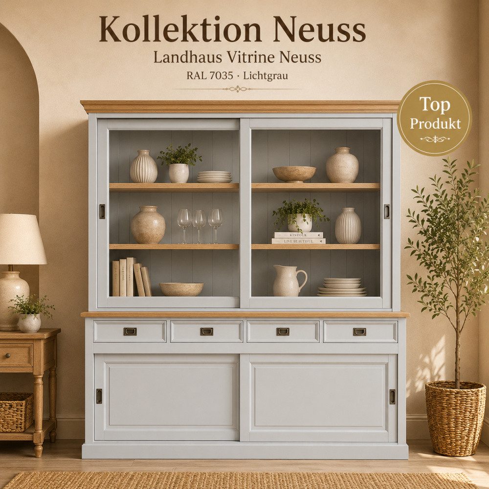 Wohnpalast Vitrine Vitrinen Schrank Neuss lichtgrau/eiche 200 cm - Glasvitrine Wohnzimmer