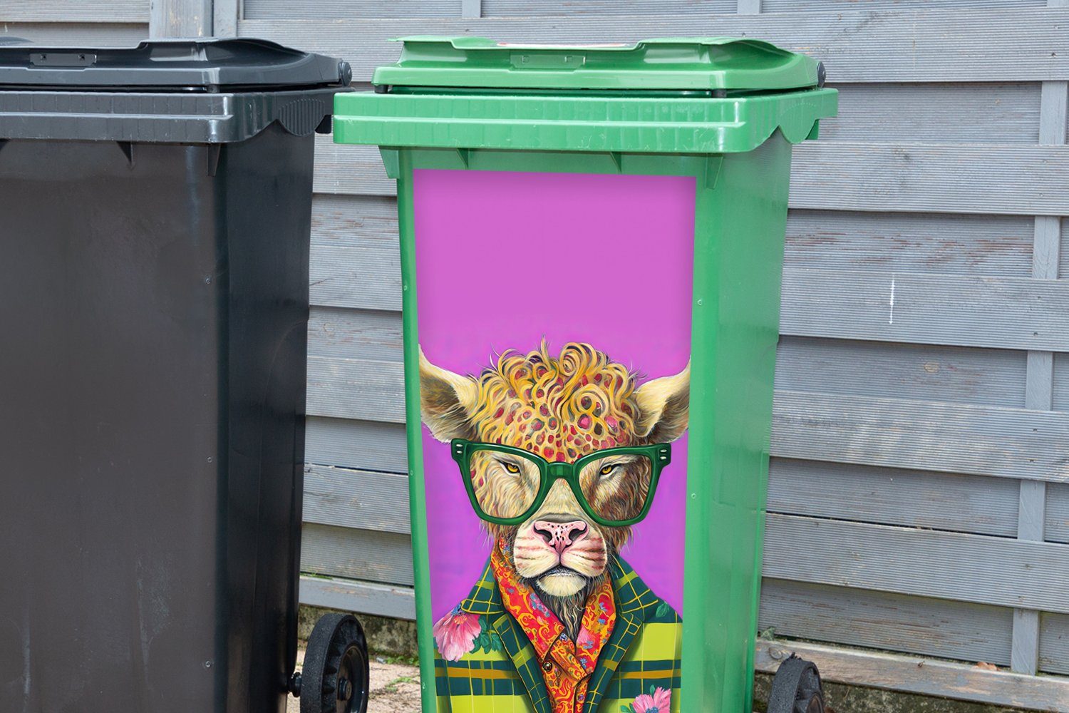 MuchoWow Wandsticker Brille Tier Schottischer Highlander Hippie Blumen Mülleimer-aufkleber, St), Sticker, - Mülltonne, - - Container, - Abfalbehälter (1