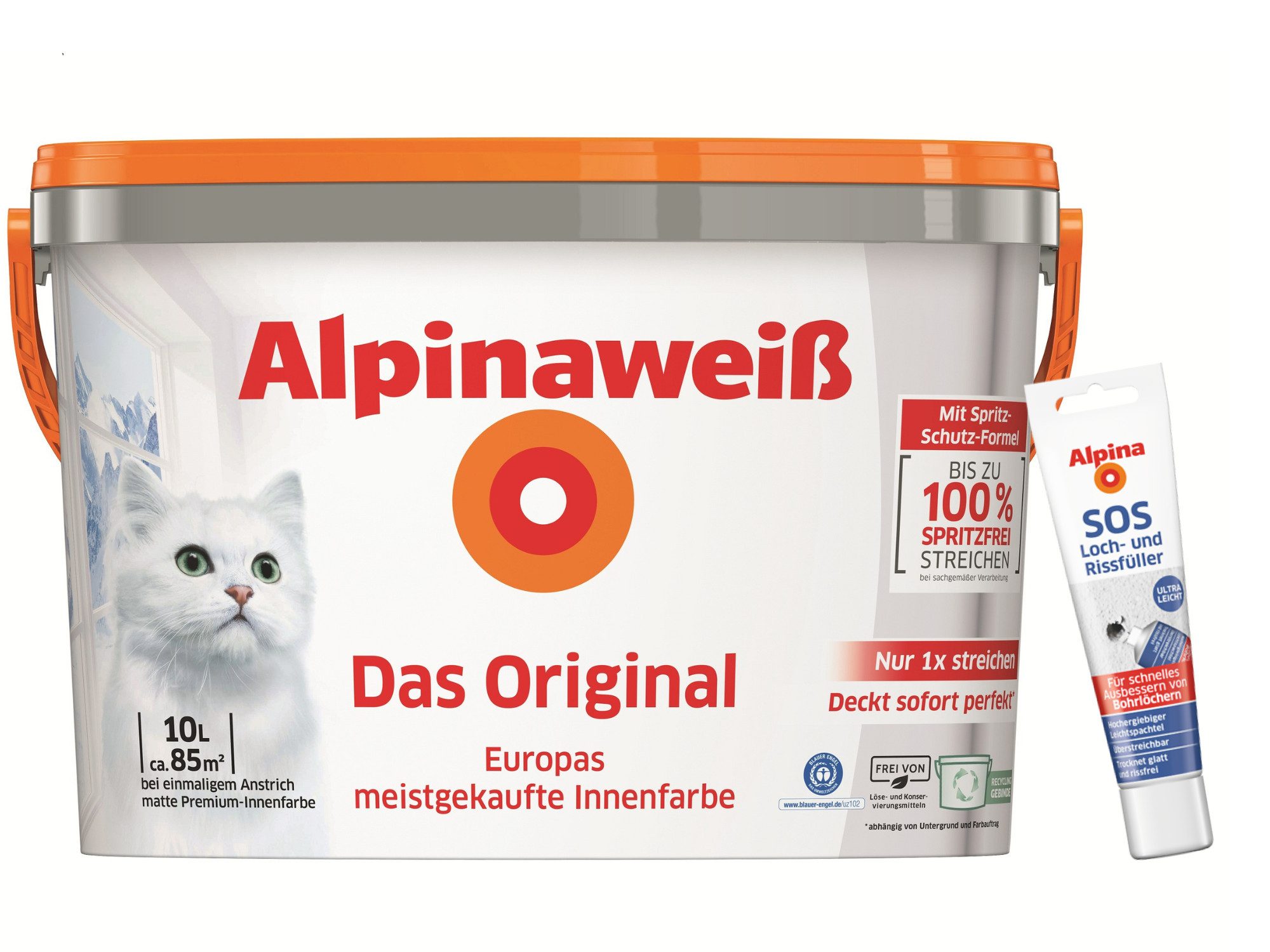 Alpina Wandfarbe - SET - Alpinaweiß Das Original – inkl. SOS Loch- und Rissfüller