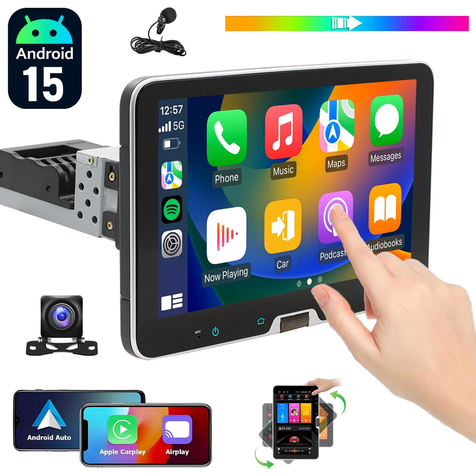 ESSGOO DAB+ 1DIN Autoradio Android15 4+64GB Carplay Navi WiFi 360° drehbarer Autoradio (DAB (optional), DAB+ (optional), FM, RDS, 4+64GB(optional), Carplay Android Auto Bluetooth EQ USB GPS Navi WIFI Touchscreen)