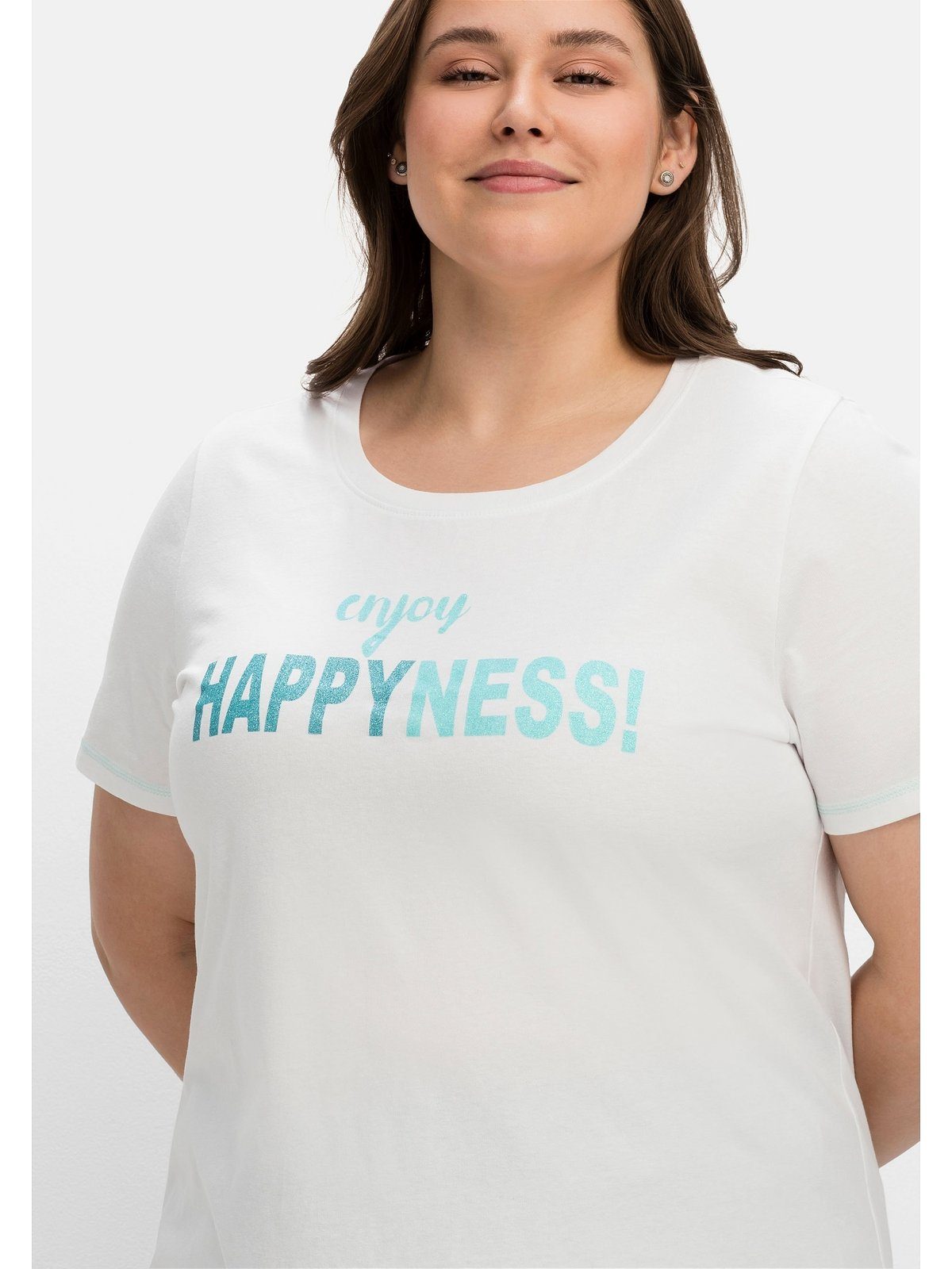 Sheego T-Shirt Große Größen mit tailliert Wordingprint, leicht weiß bedruckt