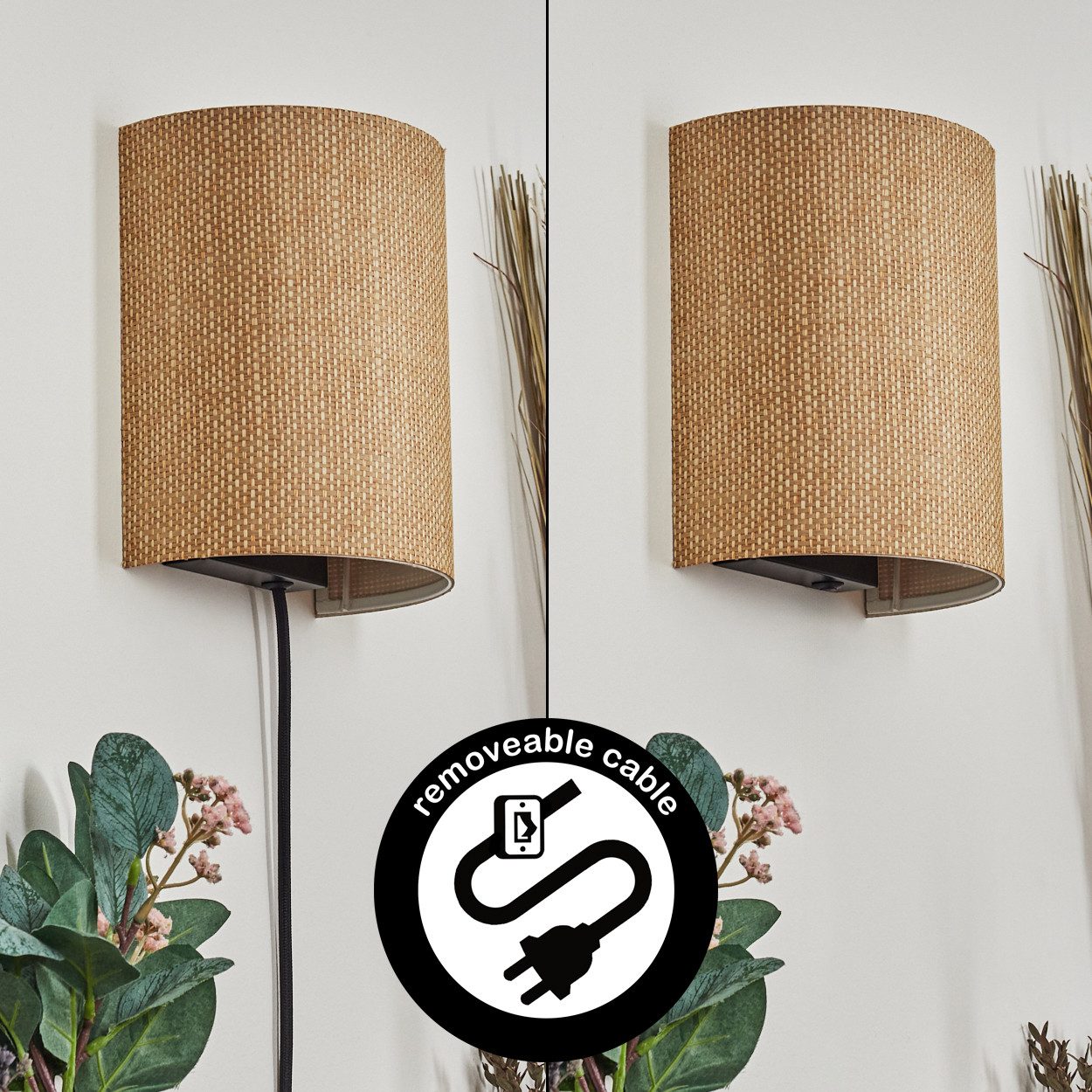 hofstein Wandleuchte Wandlampe aus Metall/Bast in Schwarz/Natur, ohne Leuchtmittel, Wandleuchte m. Stecker/Schalter, Kabel, UP & Down Lichteffekt, 1 x E27