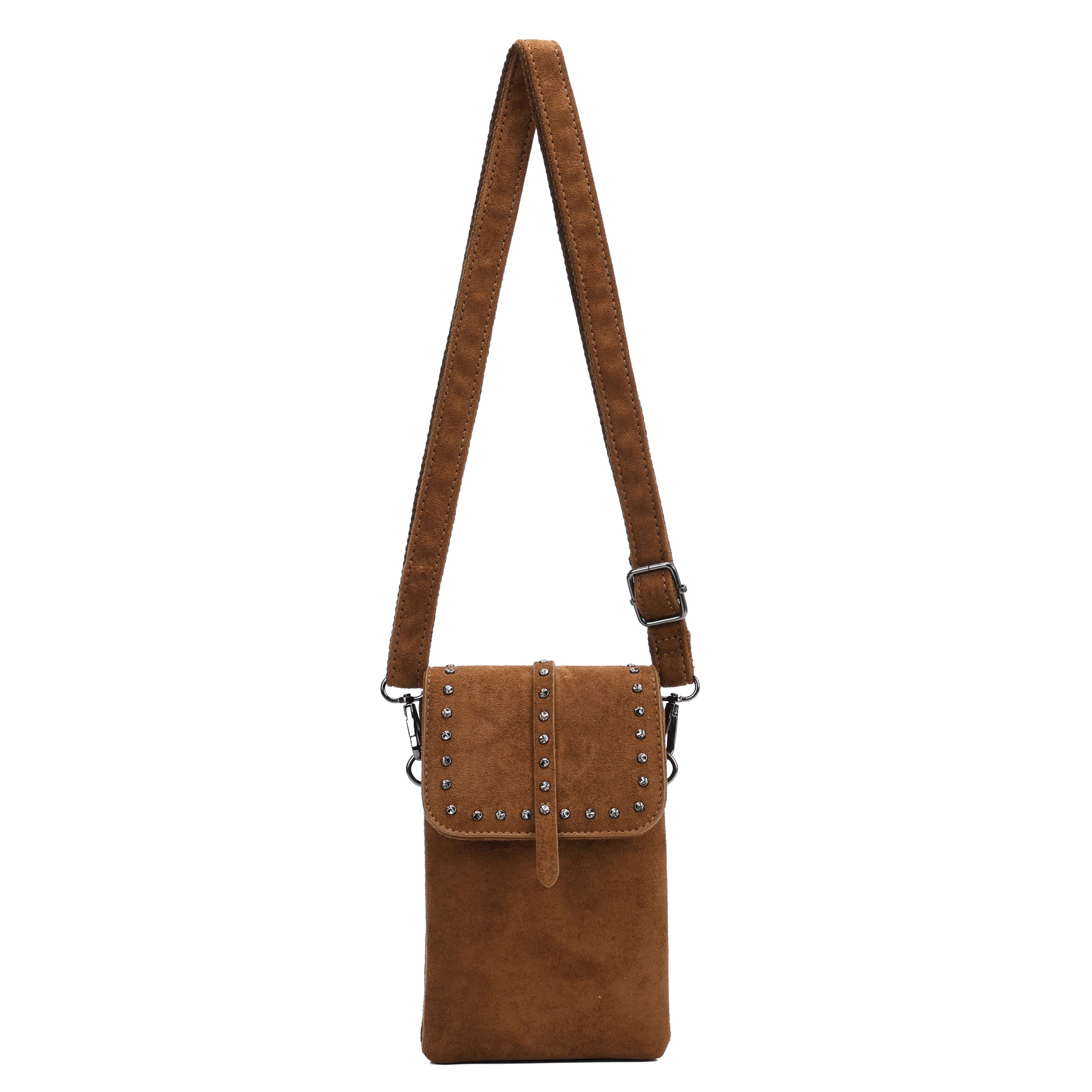 MIRROSI Umhängetasche Damen Wildleder-Optik kleine Crossbody Bag mit Nieten (verstellbarem Schulterriemen, ca. 13x3,5x20 cm), Kleine Tasche, Schultertasche für jeden Anlass