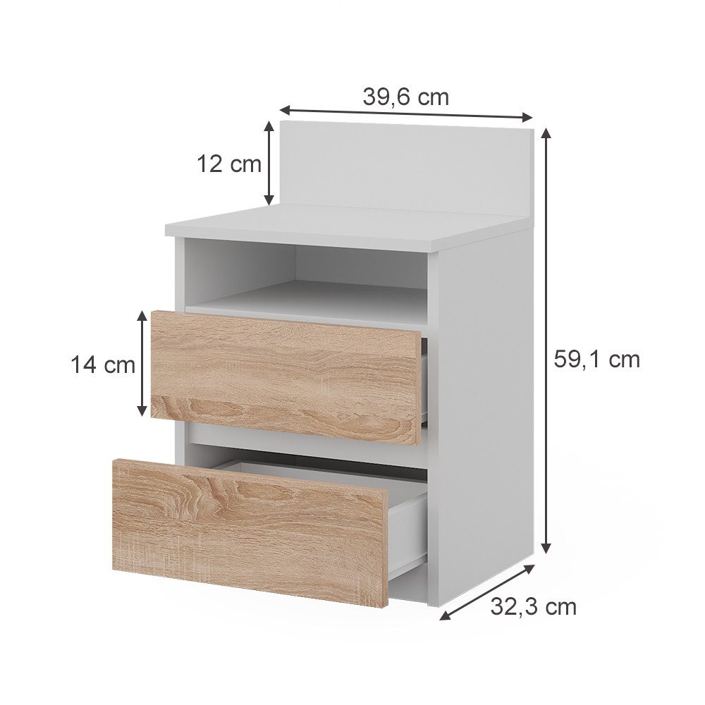 Vicco Nachtschrank Monty, Weiß/Sonoma, 32.3 x 59.1 cm mit 2 Schubladen günstig online kaufen