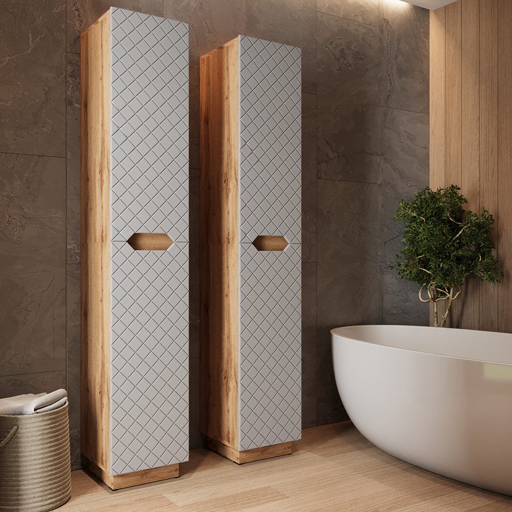 Vicco Hochschrank Lotta, Eiche/Grau mit Kachelstruktur, 33 x 186 cm mit 2 Türen (1-St)