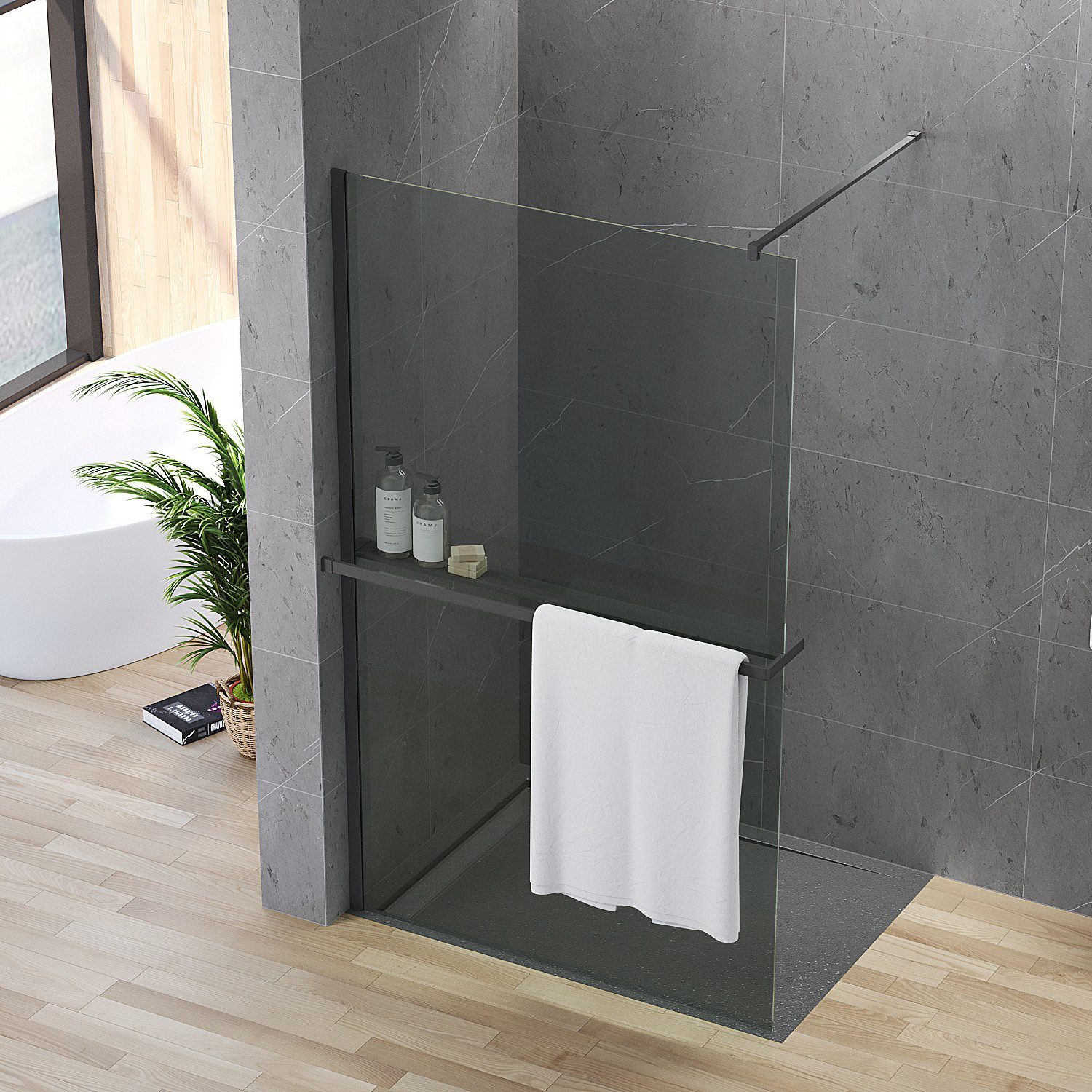 AQUALAVOS Walk-in-Dusche Schwarze Duschabtrennung 200 cm Höhe mit Handtuchhalter & Ablage Nano, 8 mm ESG Sicherheitsglas (DIN EN 12150) mit Nano-Beschichtung Breite 80 - 120 cm, Montage links oder rechts möglich, auf Duschwanne oder Boden