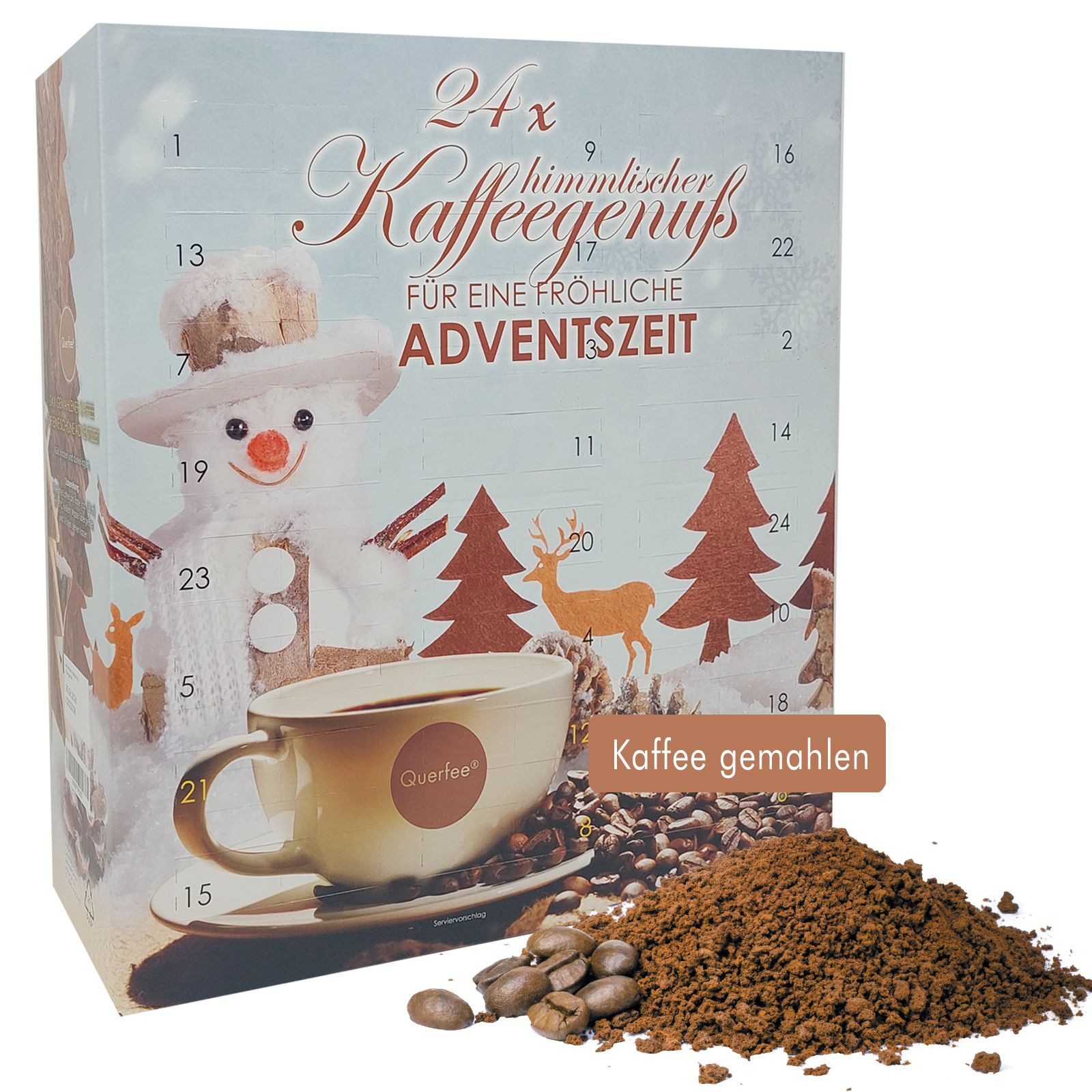 Quertee Lebensmittel-Adventskalender Kaffee-Adventskalender 2026 - 24 verschiedene Kaffees, gemahlen