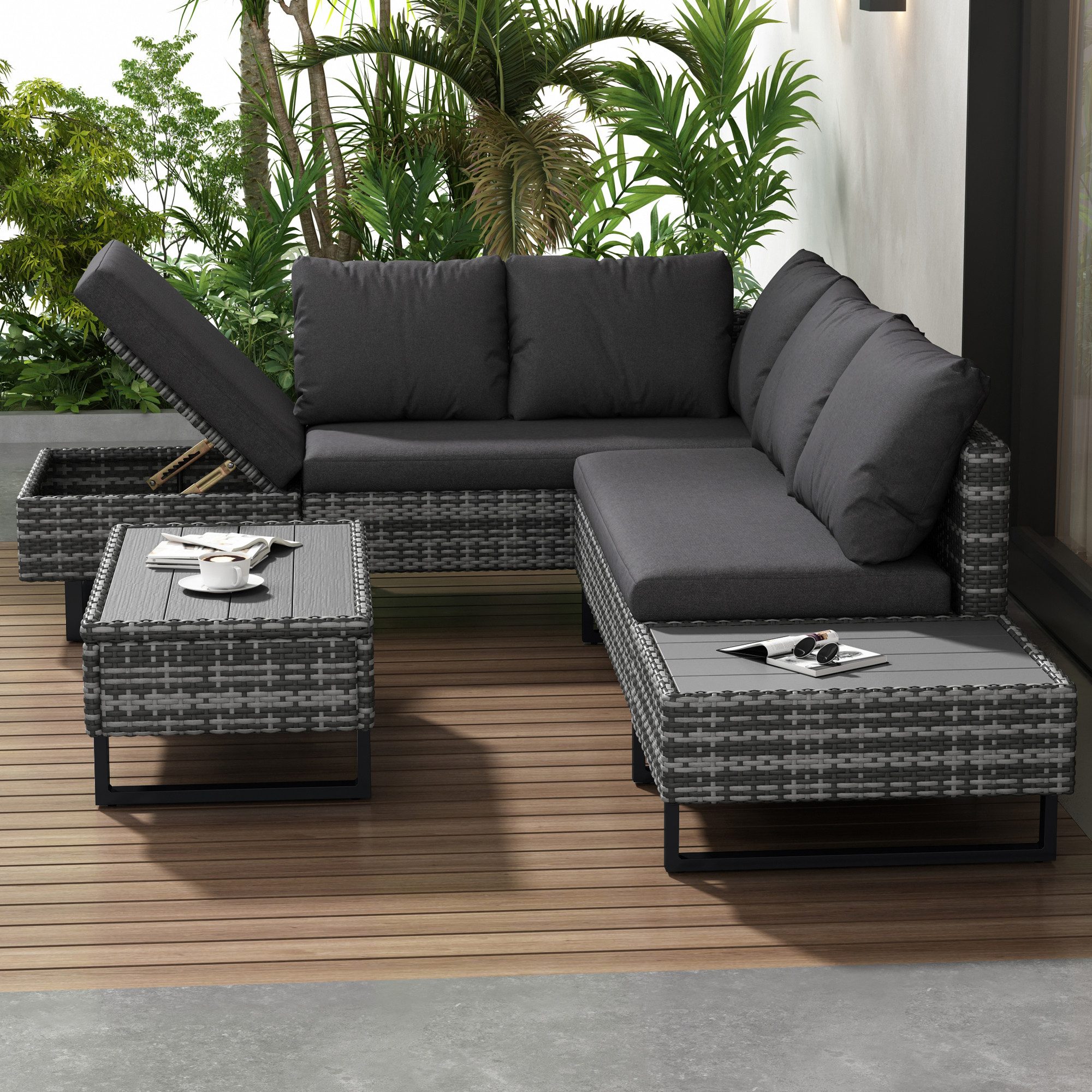 Merax Gartenlounge-Set für 5 Personen mit verzinkten Stahlrahmen und Kissen, (3-tlg., 1 2-Sitzer-Bank, 1 3-Sitzer-Ecksofa, 1 Couchtisch), Gartenmöbel Set Polyrattan, Balkonset, Sofagarnitur, Sitzgruppe
