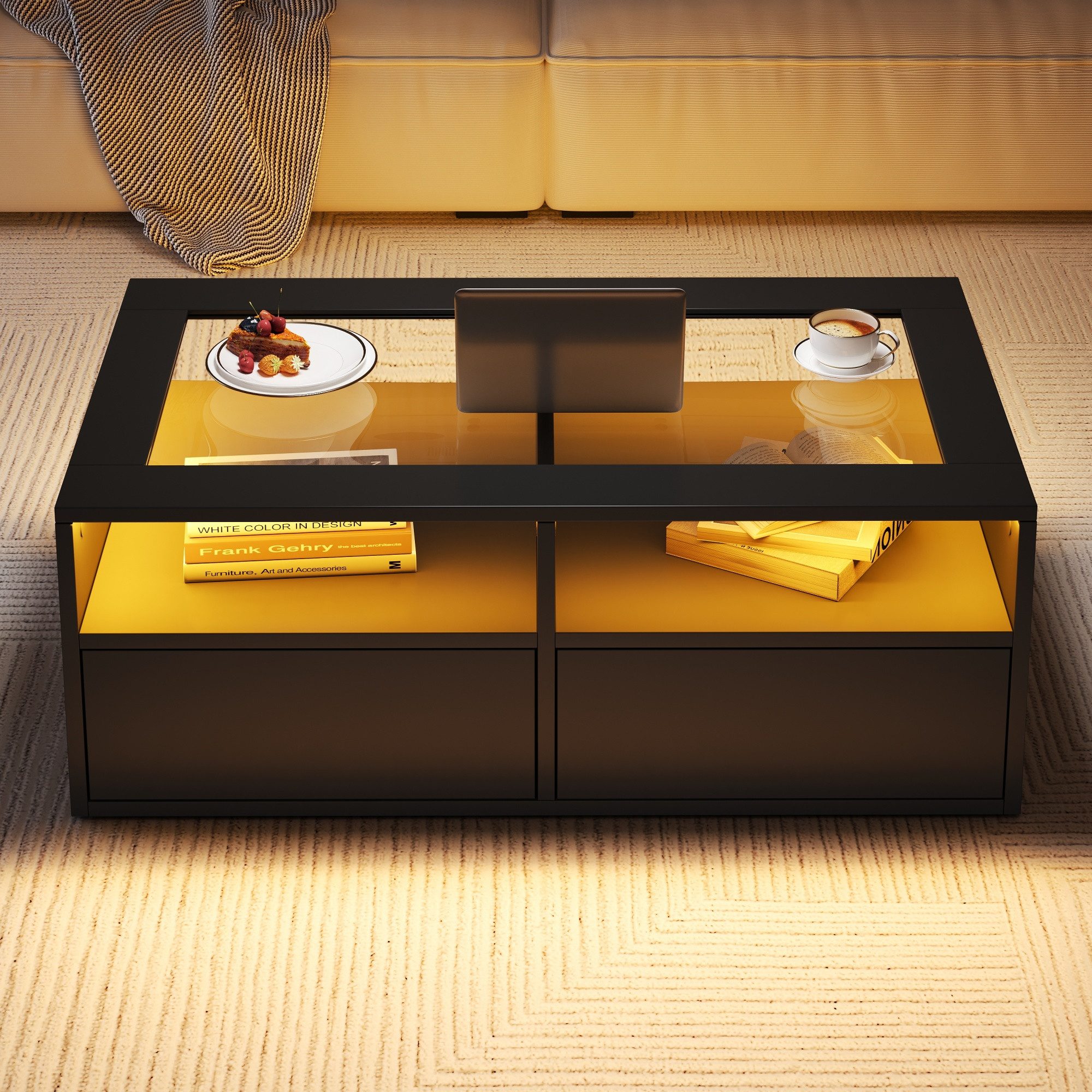 Merax Couchtisch Wohnzimmertisch Beistelltisch mit LED-Beleuchtung (100×50×35 cm, 1-St., zweistöckigem Design & modernem Look), Sofatisch mit gehärteter Glasplatte, 2 Schubladen & offenem Stauraum