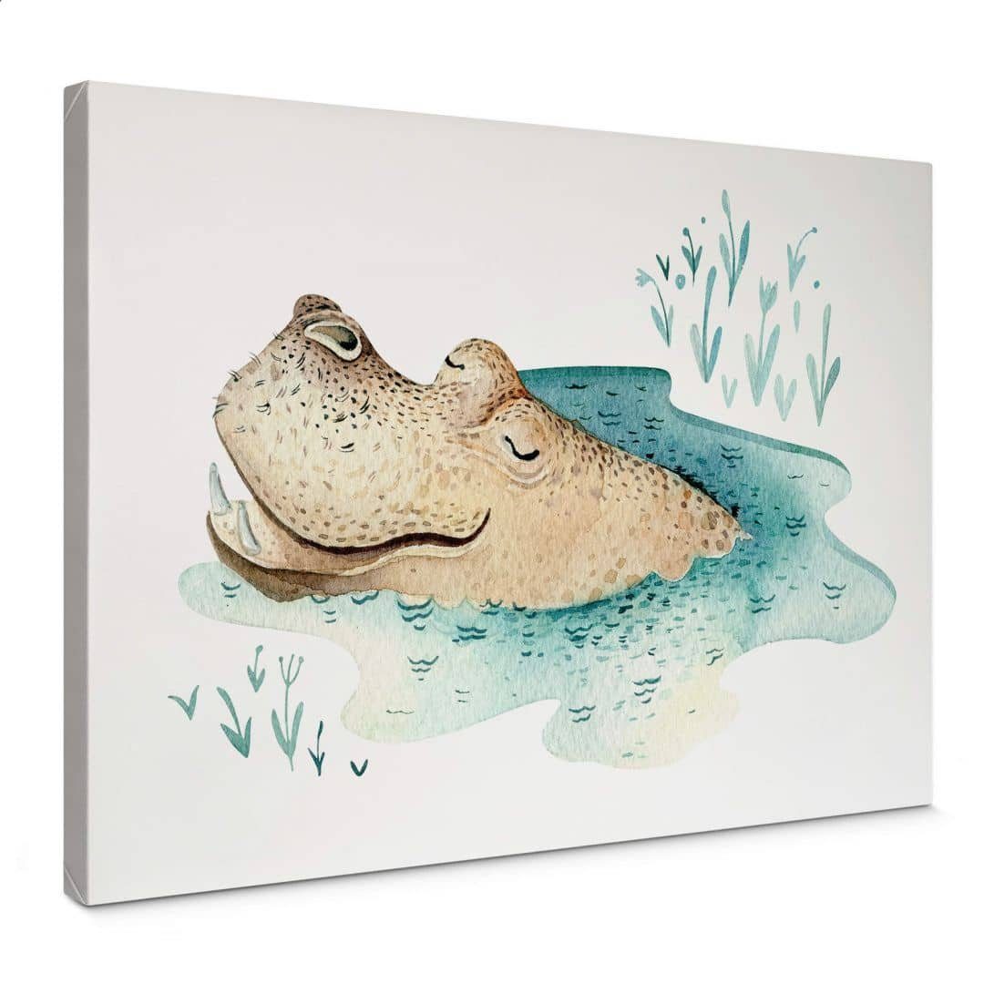 K&L Wall Art Leinwandbild Leinwandbild Tiere Happy Hippo Nilpferd Kinderzimmer Kvilis, Wanddeko Holz Bilderrahmen