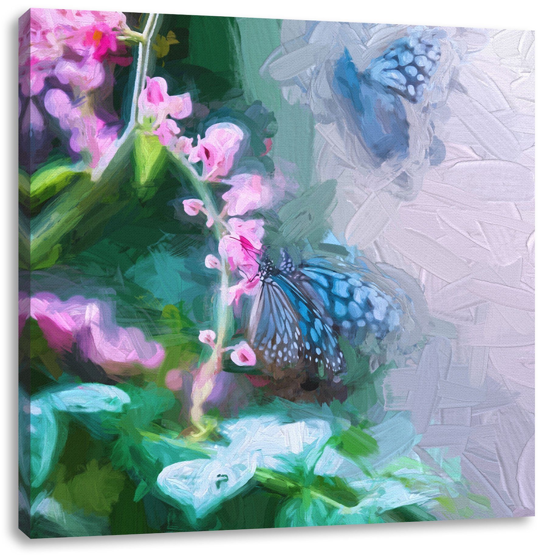 inkl. Zackenaufhänger Blumen Pixxprint auf Schmetterlinge fertig auf Leinwandbild Blumen, Schmetterlinge St), bespannt, (1 Leinwandbild