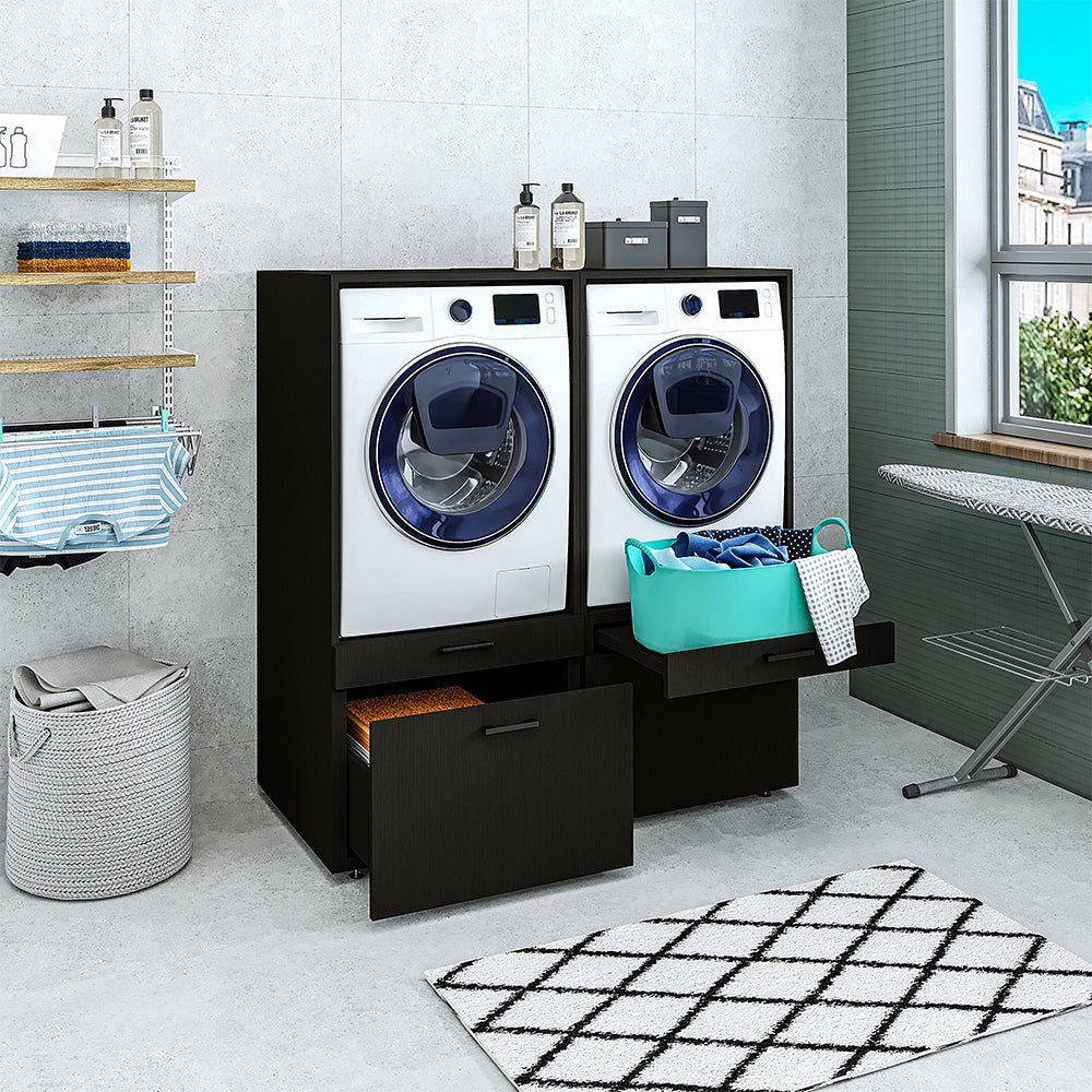 Roomart Waschmaschinenumbauschrank (Waschmaschinenschrank schwarz Überbauschrank Doppelschrank) schwarz mit Schublade eiche 