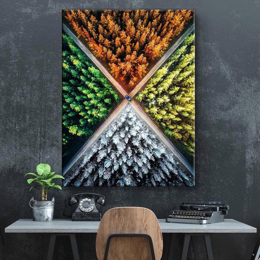 Wandbild Leinwandbild mit schwarzer DOTCOMCANVAS® & Zyklus, Natur Leinwandbild Rahmen Jahrezeiten Bäumen Jahreszeiten