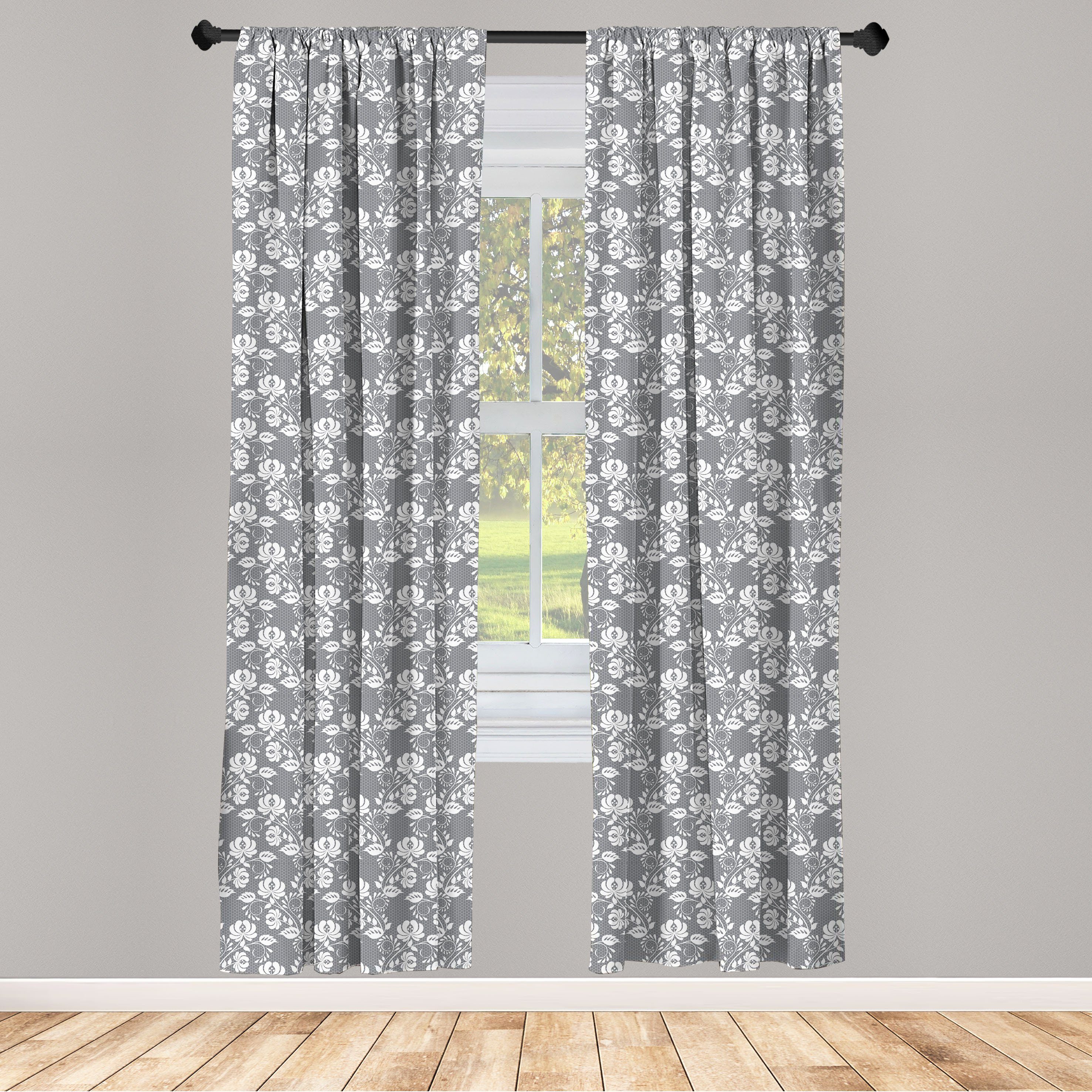 Gardine Vorhang für Wohnzimmer Schlafzimmer Dekor, Abakuhaus, Microfaser, Blumen Blätter-Wirbel und Punkte | Fertiggardinen