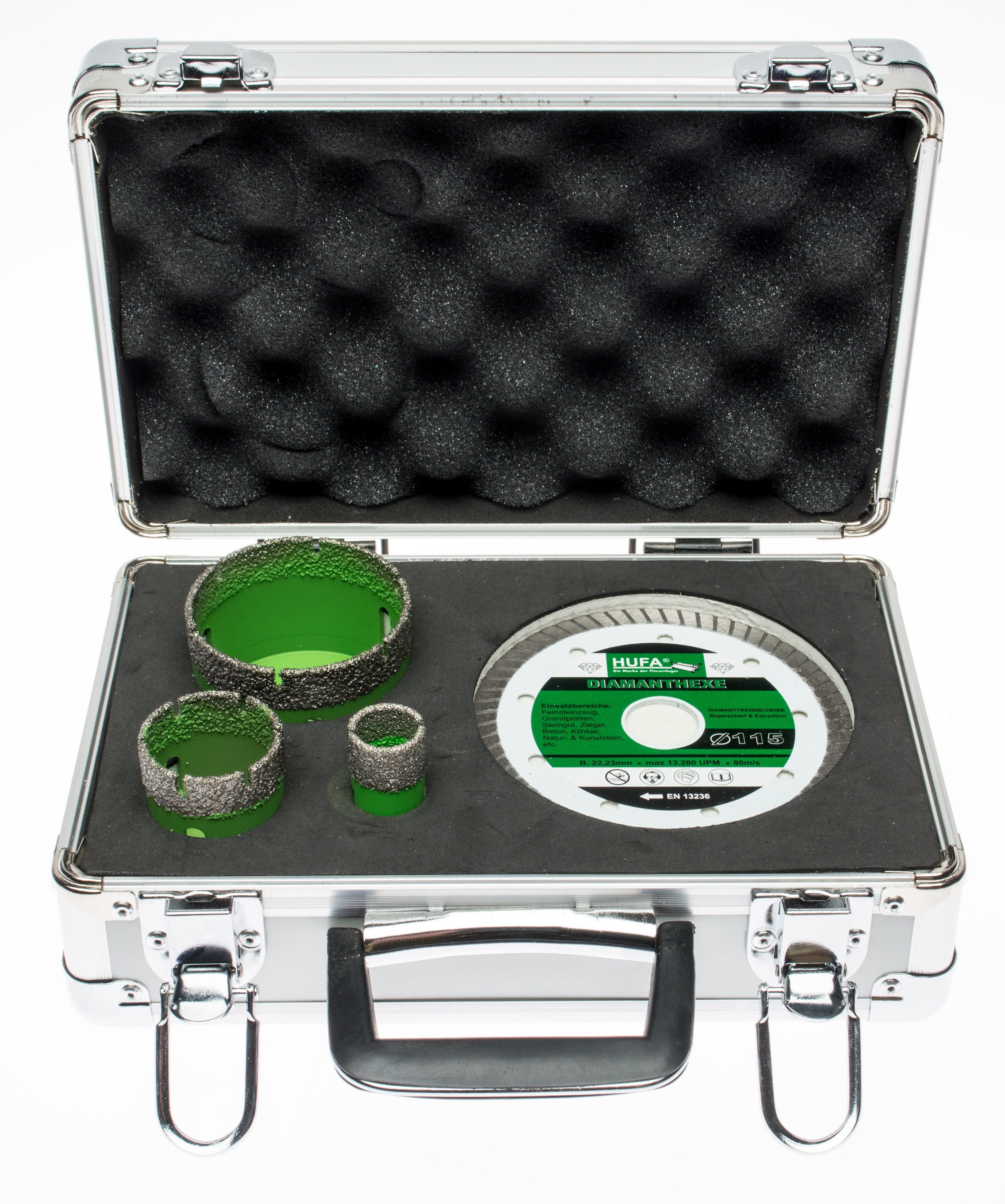 Hufa Diamanttrockenbohrer Hufa M14 Bohrkronen-Diamanttrennscheibe Set 4-teilig im Koffer, Extrem Schnittfreudig und langlebig