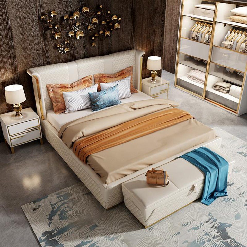 JVmoebel Polster Bett Designer Bett Weiß Doppelbett (Bett) Leder Klassisches Textil