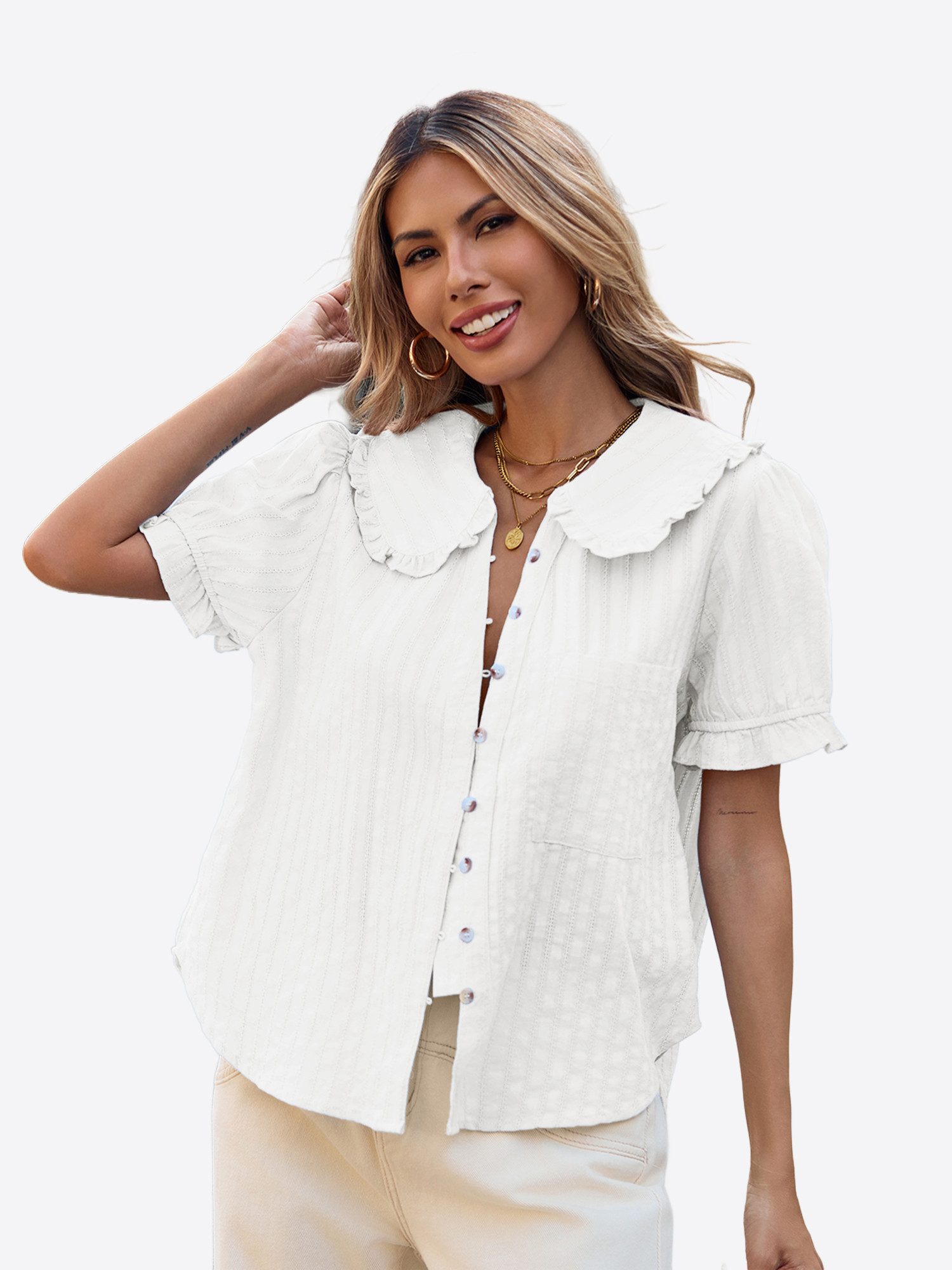 Imily Bela Blusentop Damen Bluse mit Puffärmeln und Peter-Pan-Kragen (Packung, 1-tlg., 1per-Pack) gestreiftes