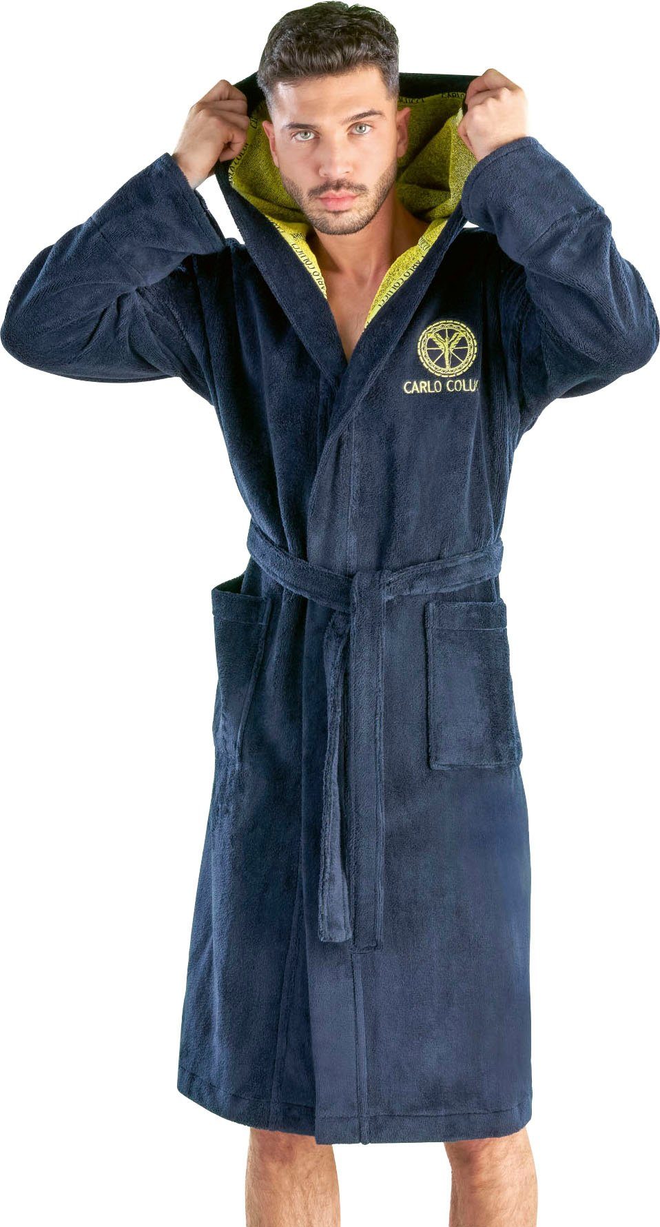 CARLO COLUCCI Herrenbademantel Como, ideal für Sauna & Spa, Hotelbademantel, Morgenmantel, Kurzform, Baumwoll-Mix, Kapuze, Gürtel, mit kontrastfarbenem Kragen