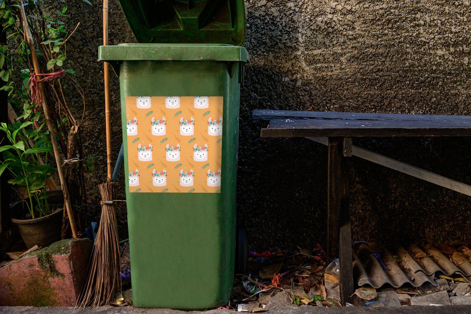 Abfalbehälter Schnittmuster MuchoWow St), Mülleimer-aufkleber, Container, (1 Wandsticker - Mülltonne, Lama Sticker, Blumenkranz -