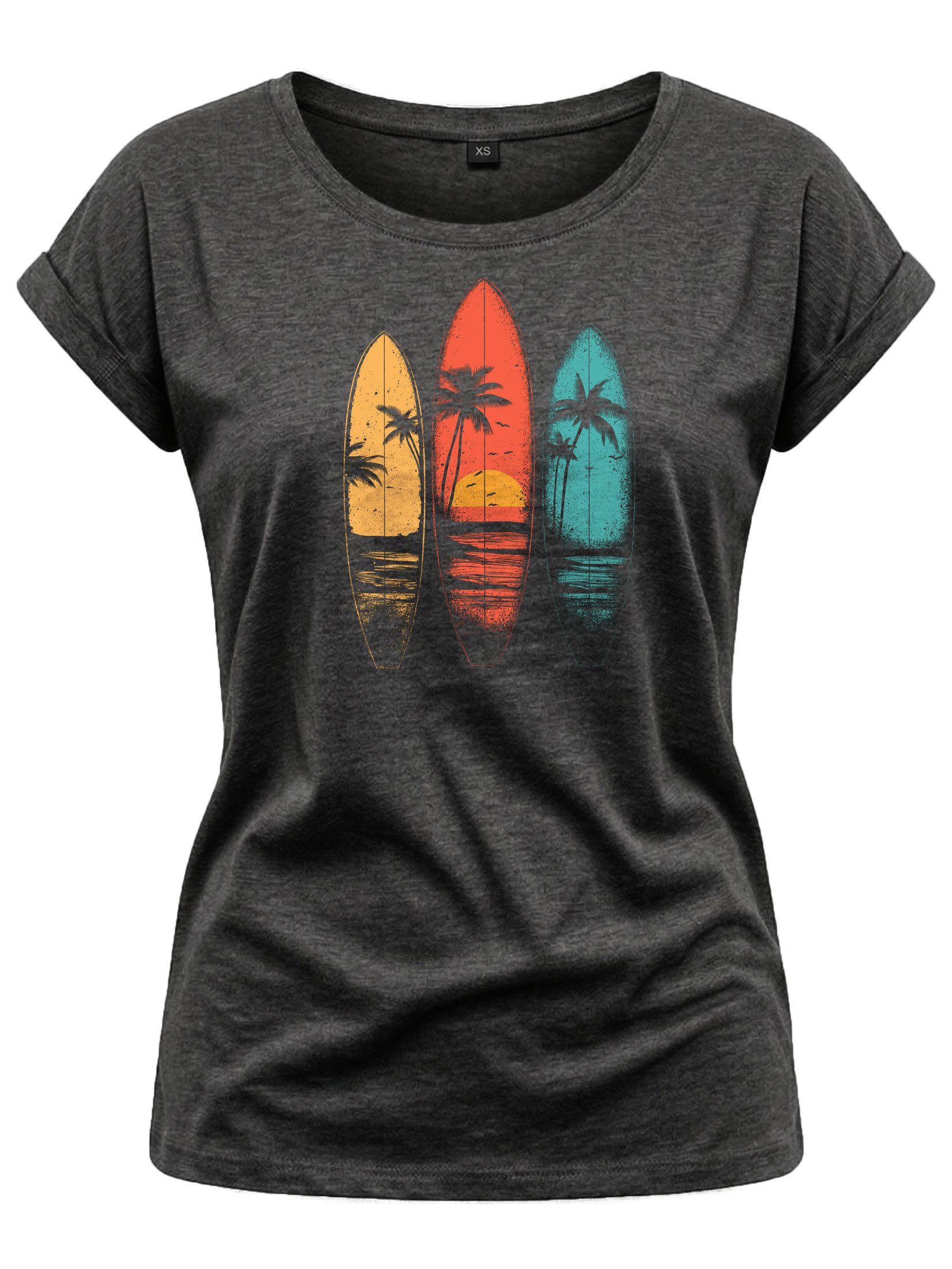 T-Shirt Vintage Damen T-Shirt mit Surfbrett-Print, Retro Surf-Motiv